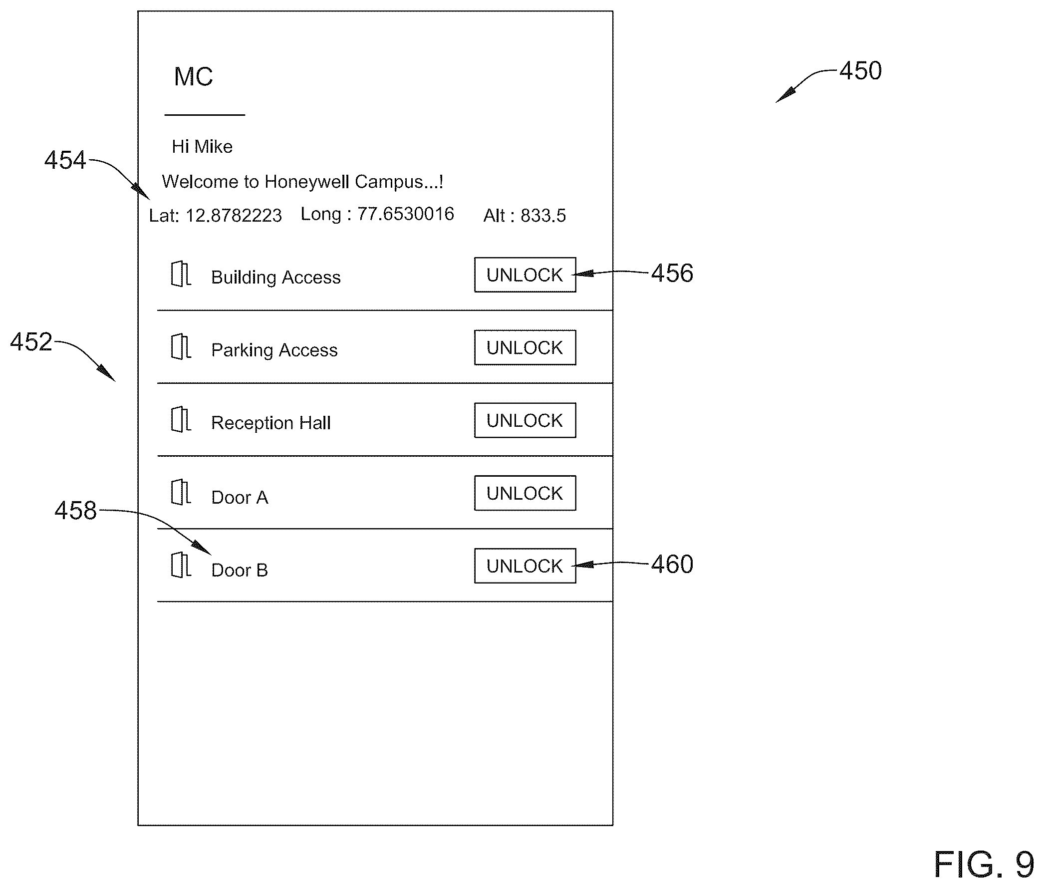 Patent US12367726 Figure 9 – Building access using a mobile device