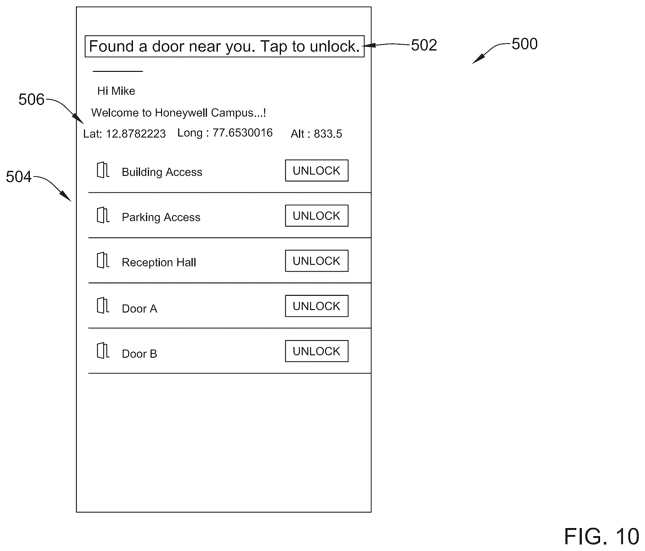 Patent US12367726 Figure 10 – Building access using a mobile device