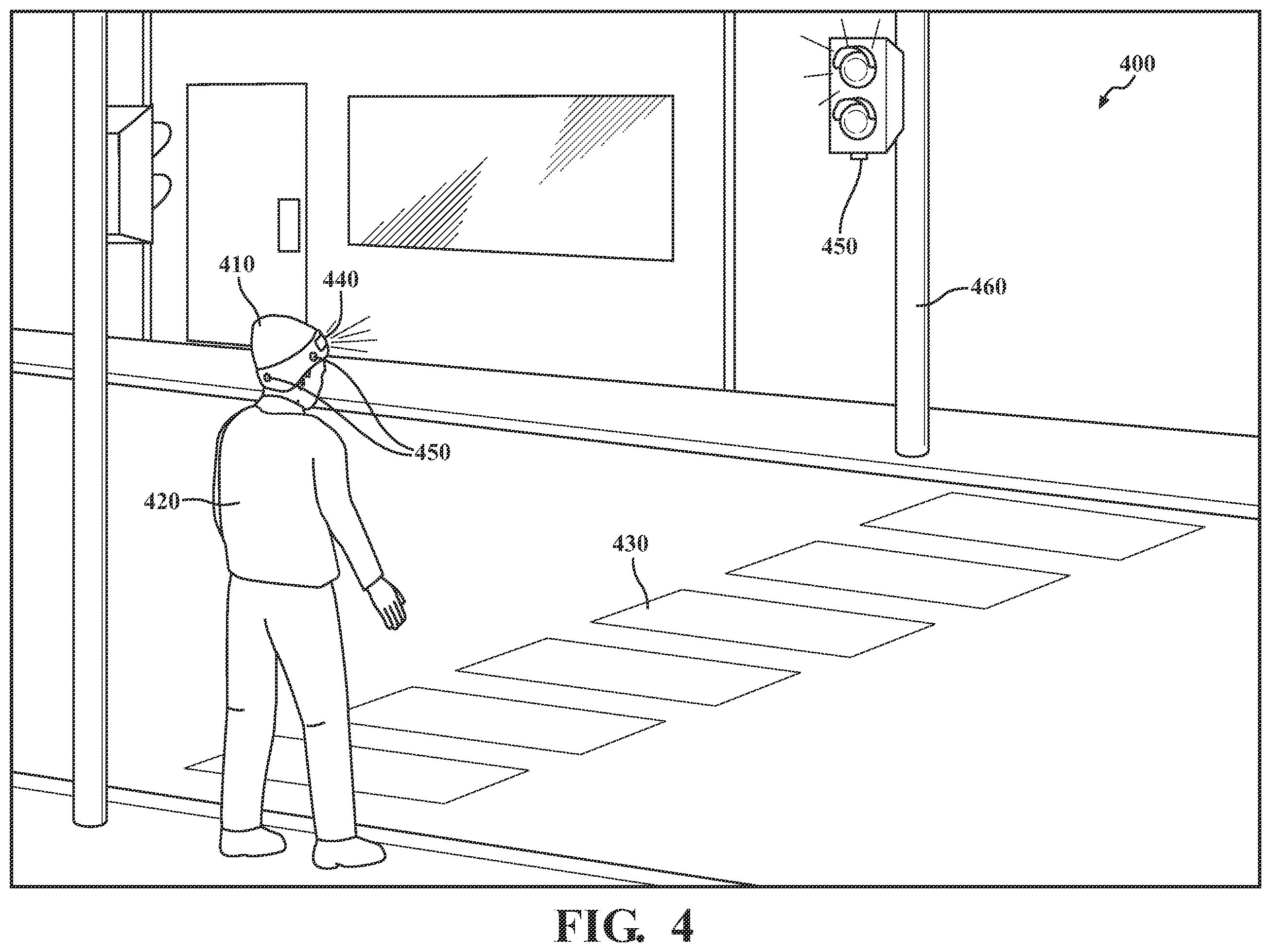 Patent US12367758 Figure 4 – Smart accessory for communicating an intention to cross a street