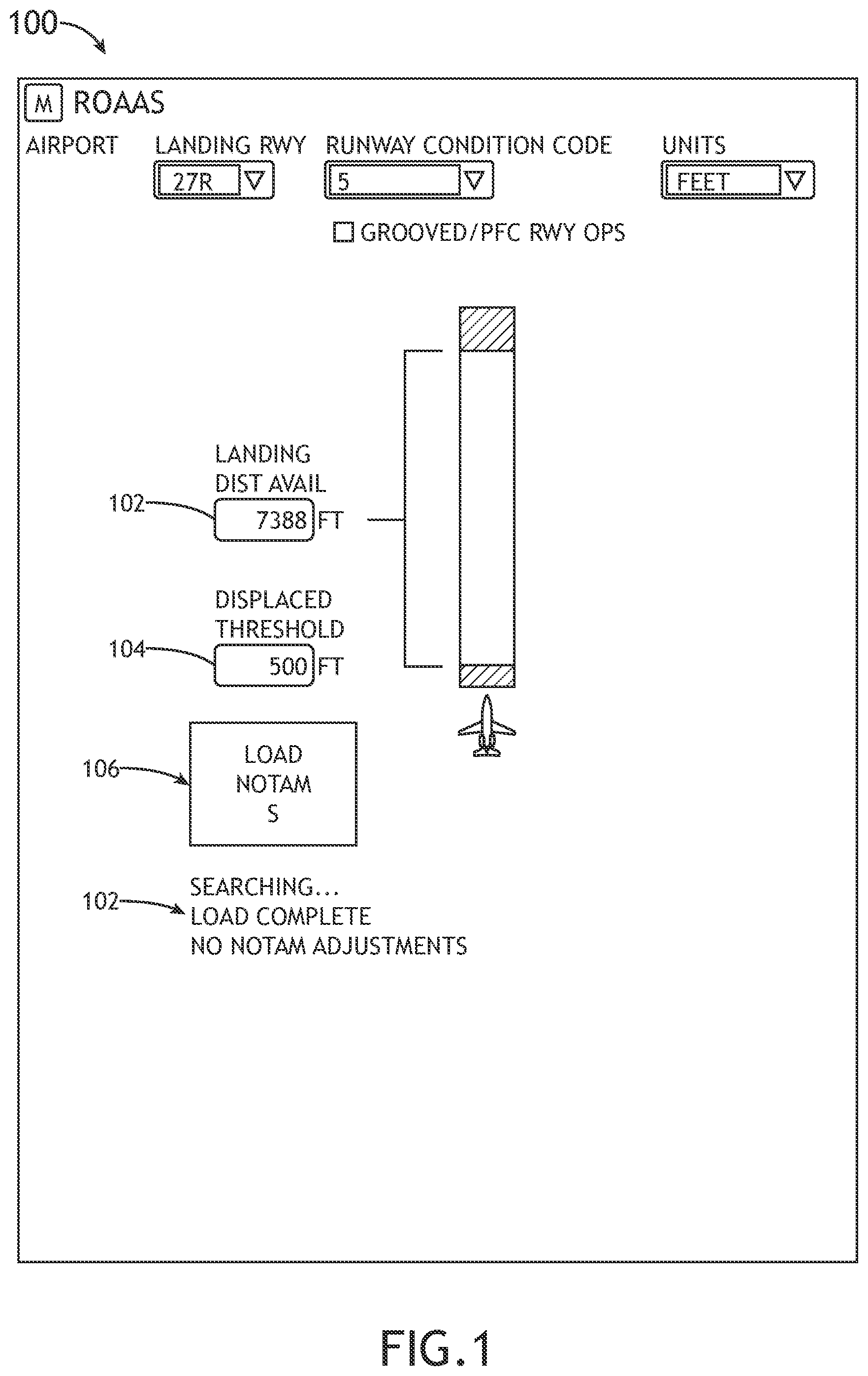 Patent US12367779 Figure 1 – System and method to generate and display runway overrun awareness and alerting system (ROAAS) image depicting current runway displaced threshold value and current landing distance available value