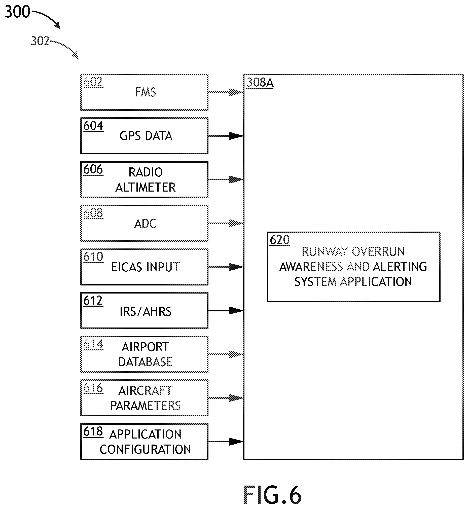 Patent US12367779 Figure 6 – System and method to generate and display runway overrun awareness and alerting system (ROAAS) image depicting current runway displaced threshold value and current landing distance available value