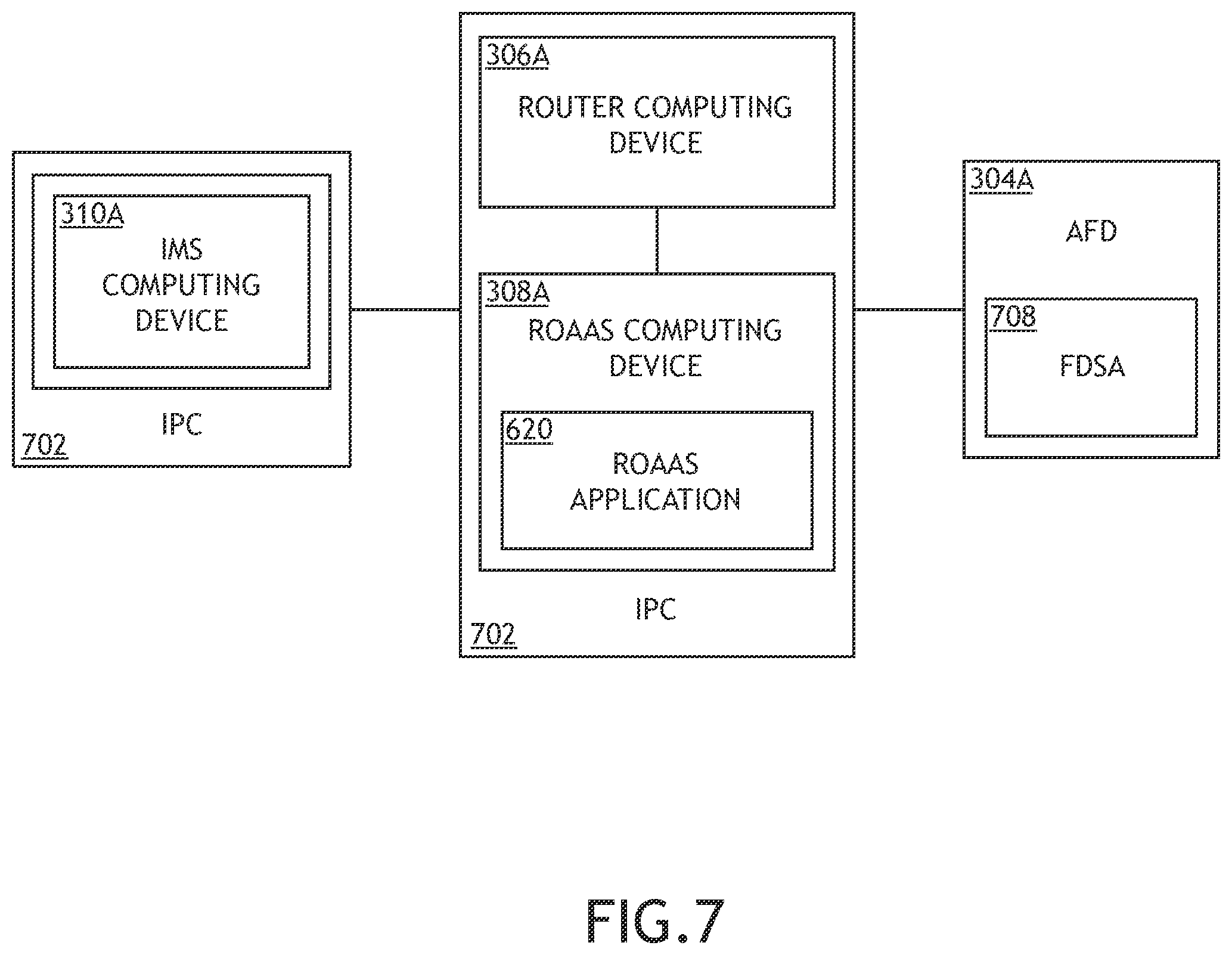 Patent US12367779 Figure 7 – System and method to generate and display runway overrun awareness and alerting system (ROAAS) image depicting current runway displaced threshold value and current landing distance available value