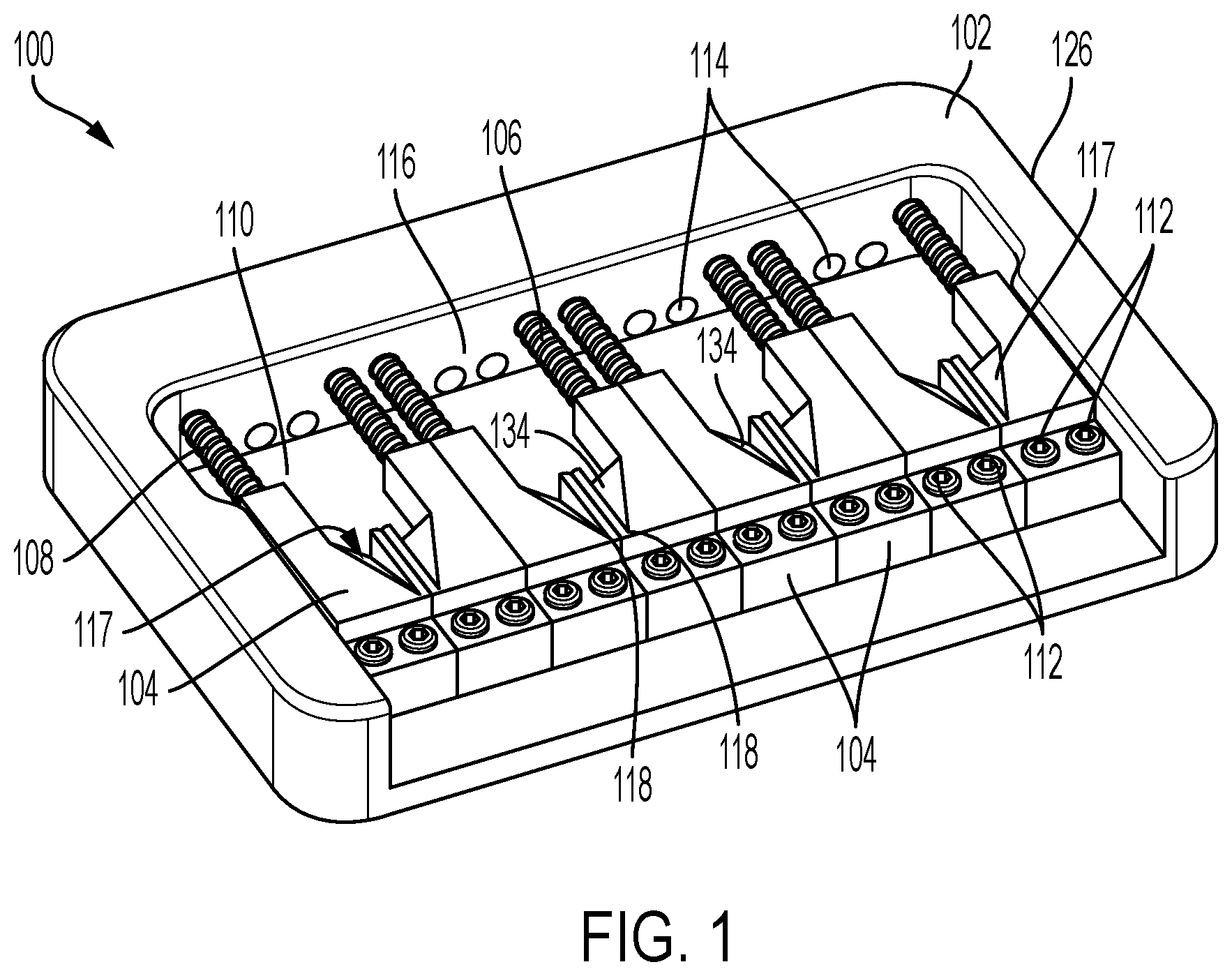 Patent US12367853 Figure 1 – Multi-course stringed instrument bridge assembly