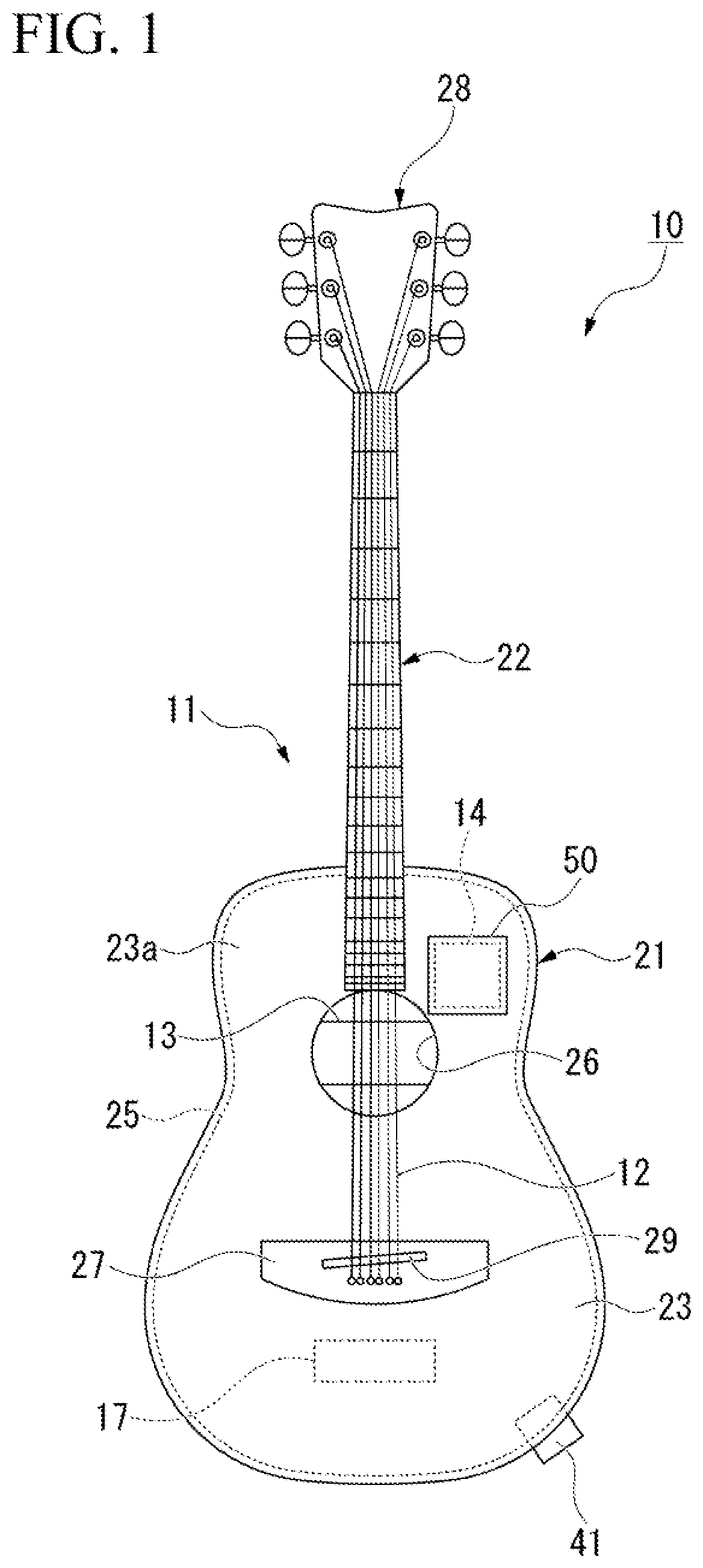 Patent US12367855 Figure 1 – Stringed musical instrument and acoustic effect device