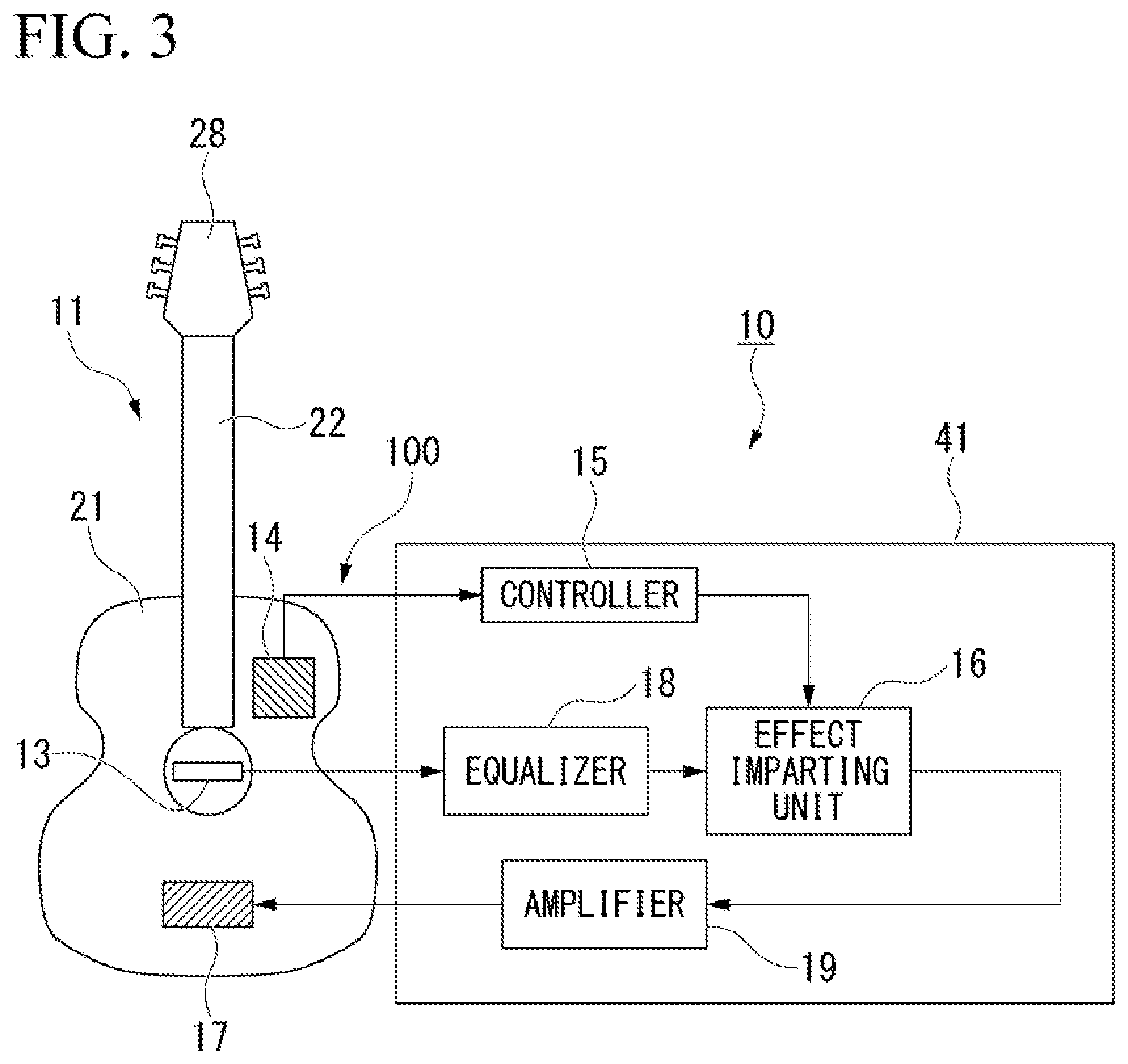Patent US12367855 Figure 3 – Stringed musical instrument and acoustic effect device