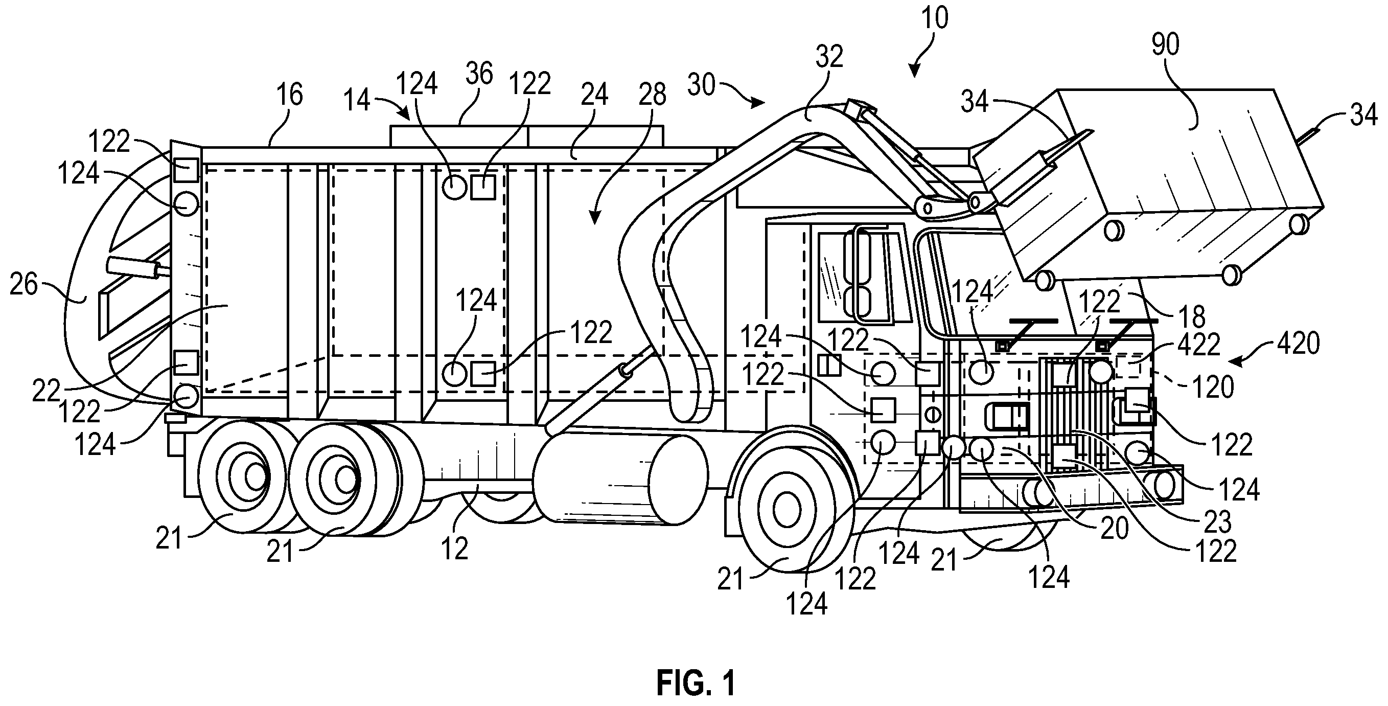 Patent US12367857 Figure 1 – Refuse vehicle with sound management