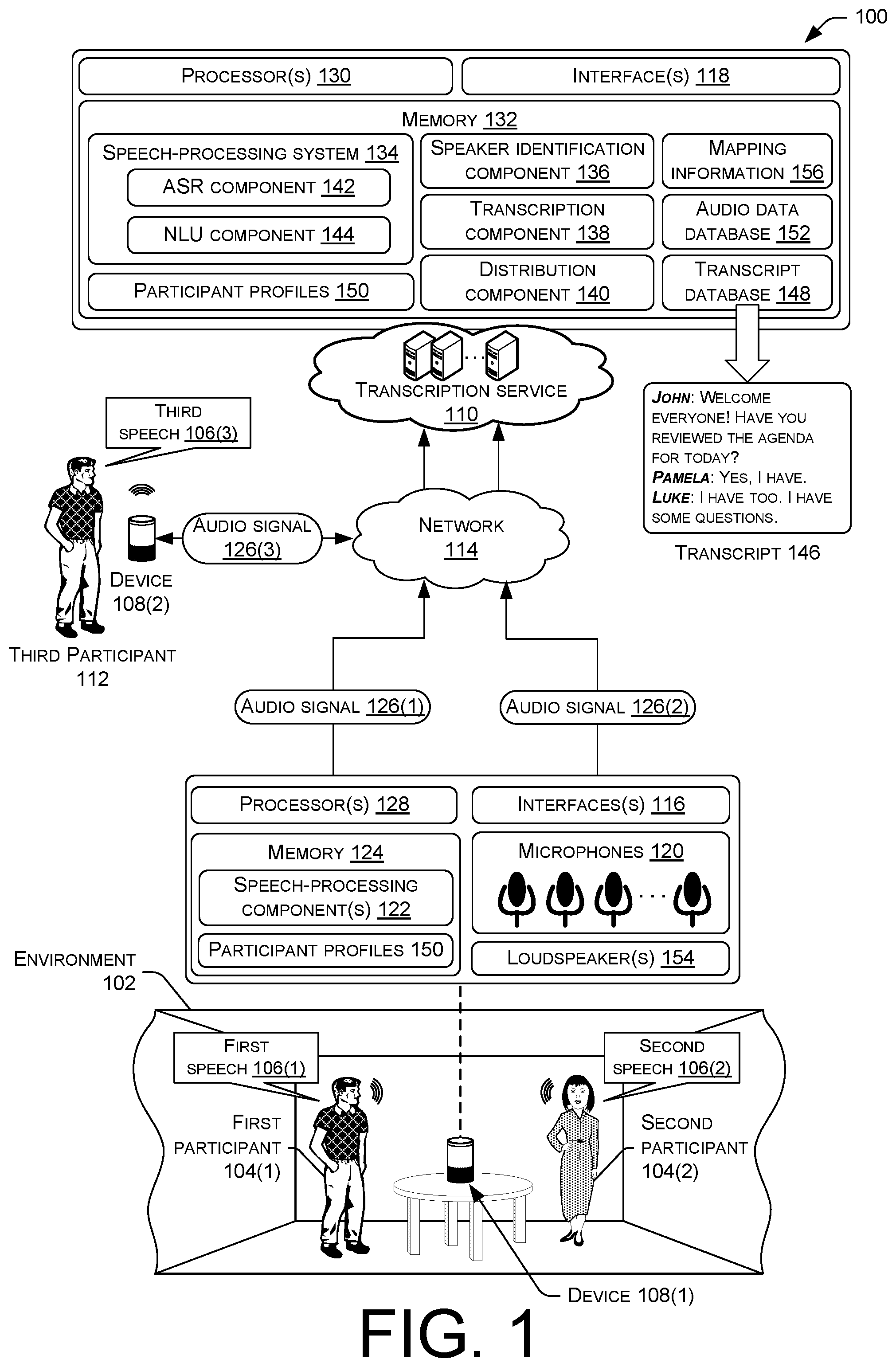 Patent US12367882 — Speaker disambiguation and transcription from multiple audio feeds — Figure 1