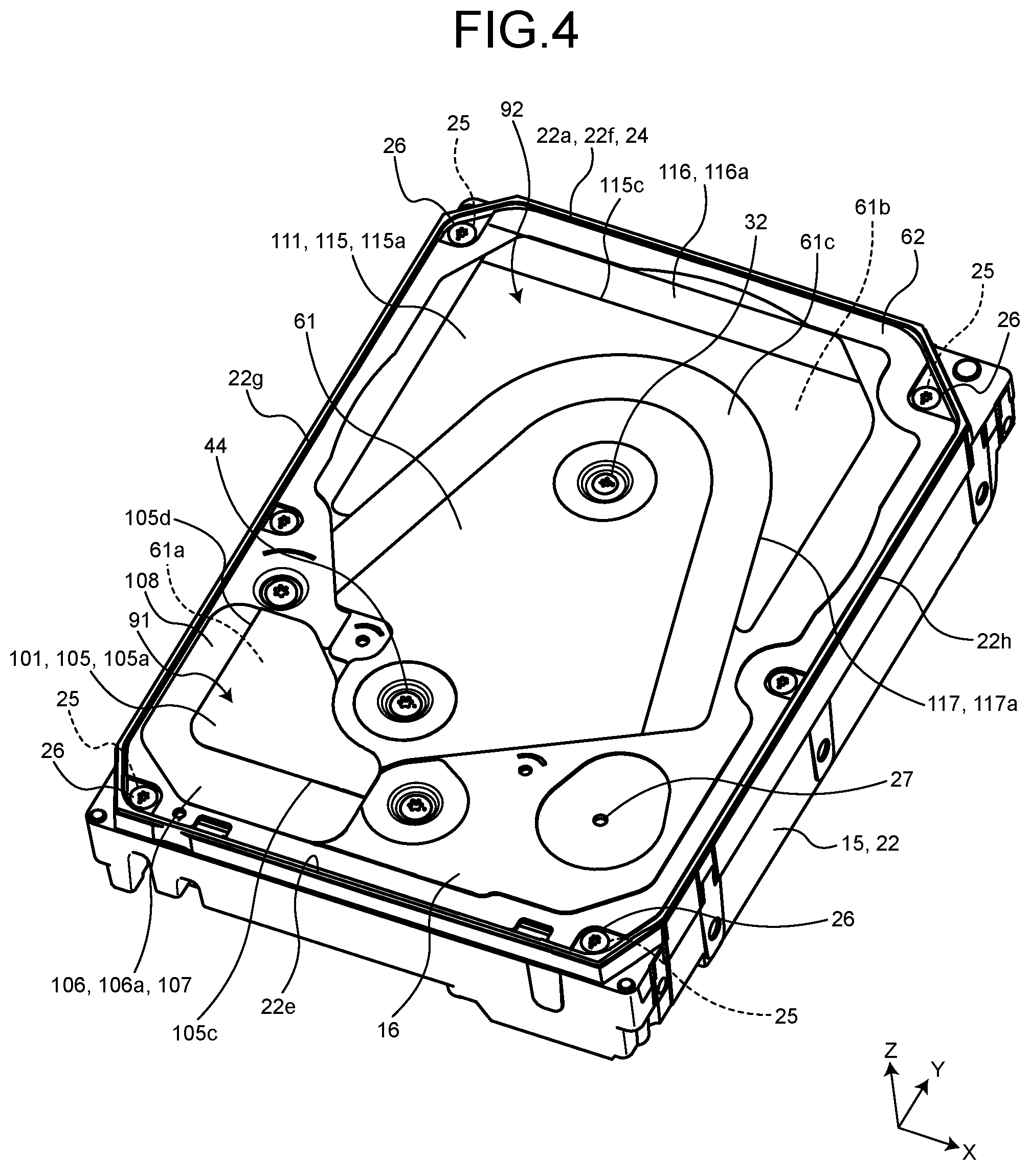 Patent US12367908 Figure 4 – Disk device with cover damping configuration