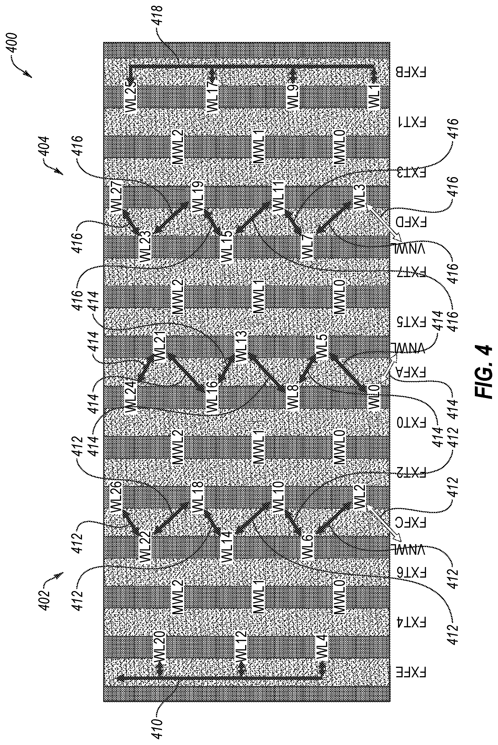 Patent US12367919 Figure 4 – Word line driver circuitry including shared driver gates, and associated methods, devices, and systems