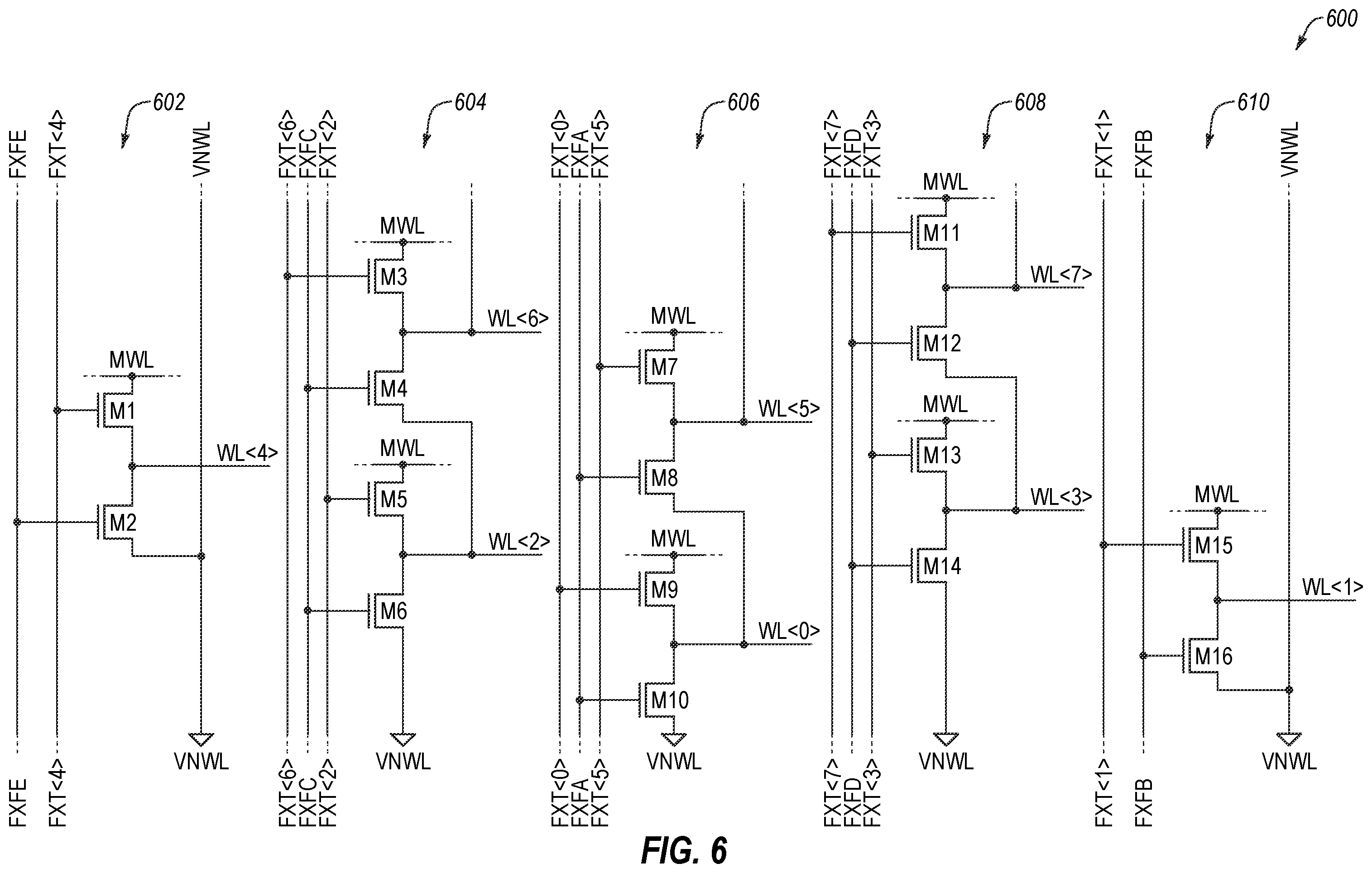 Patent US12367919 Figure 6 – Word line driver circuitry including shared driver gates, and associated methods, devices, and systems