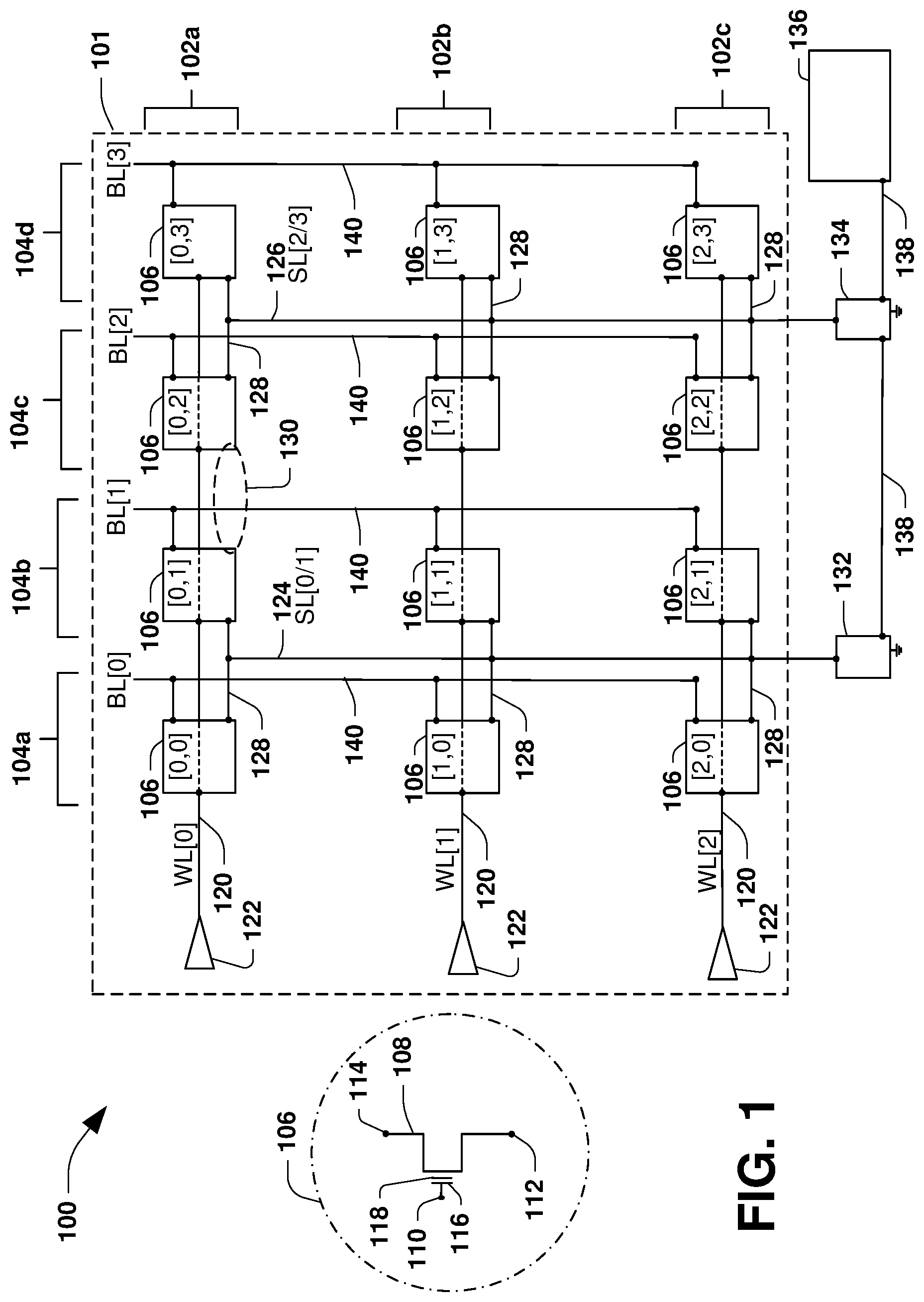 Patent US12367932 Figure 1 – Memory device in which latch is coupled to source line and method of operation