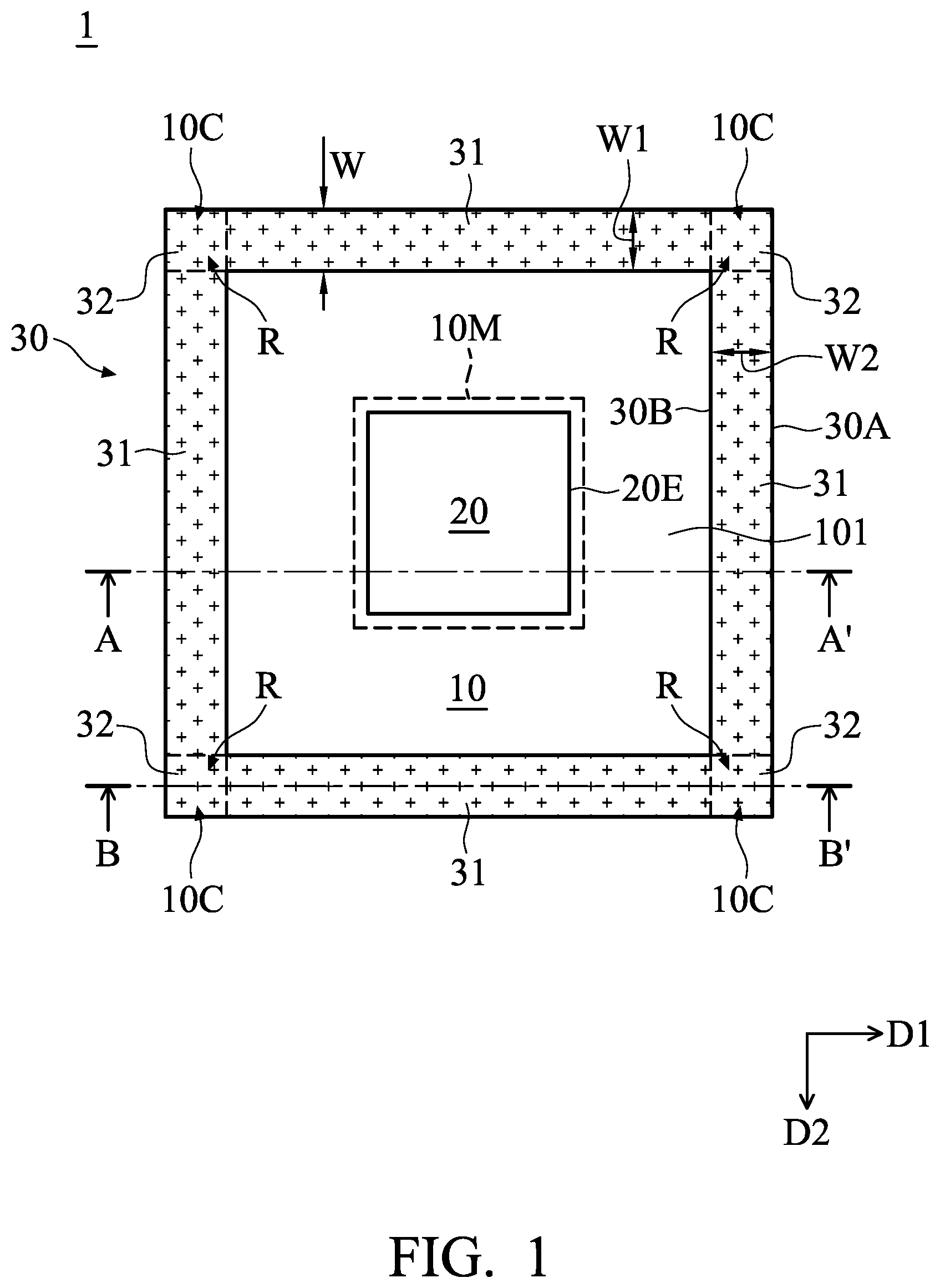 Patent US12368114 Figure 1 – Semiconductor device package having warpage control and method of forming the same