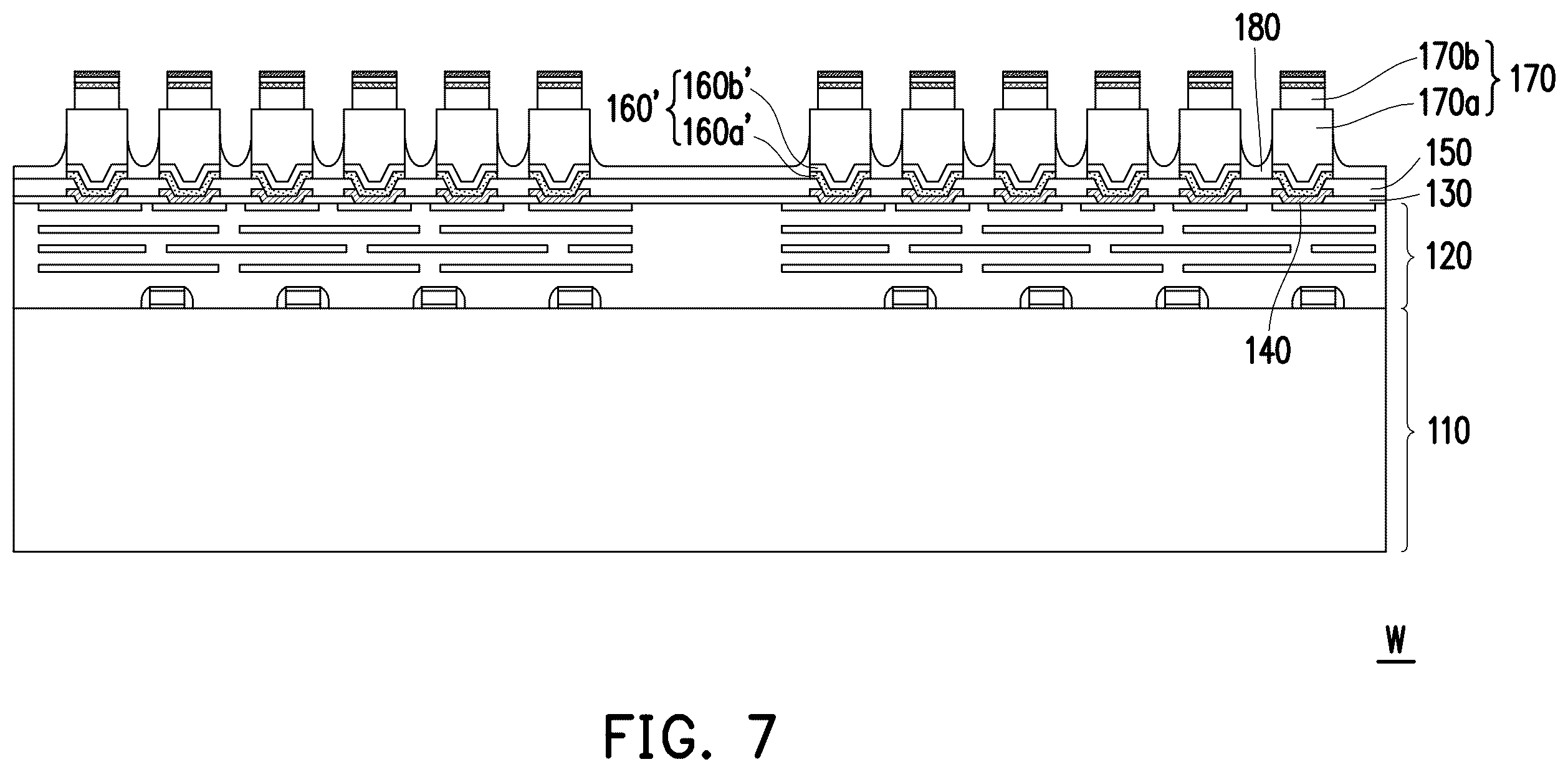 Patent US12368123 Figure 7 – Package structure including stacked pillar portions and method for fabricating the same