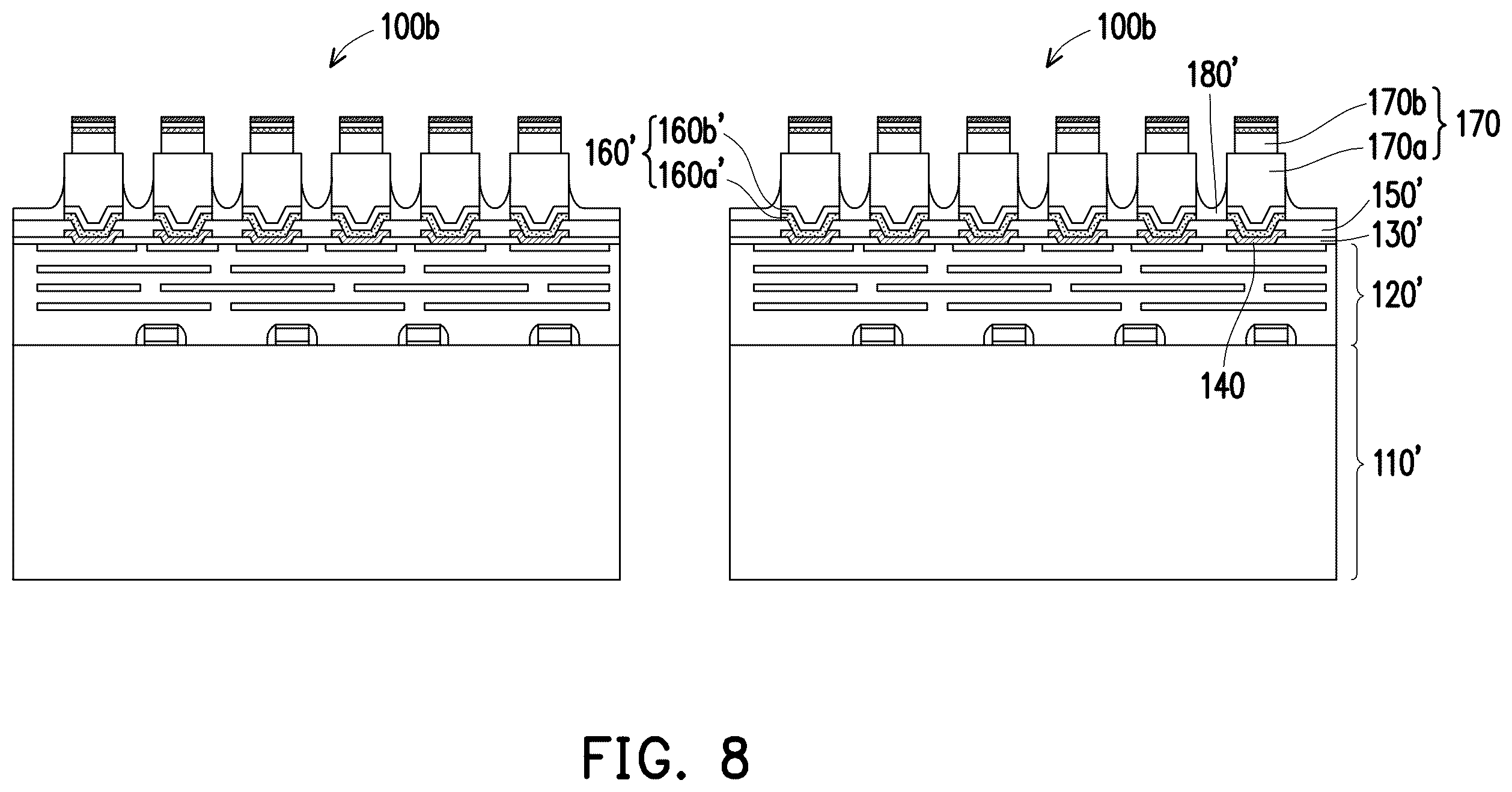 Patent US12368123 Figure 8 – Package structure including stacked pillar portions and method for fabricating the same