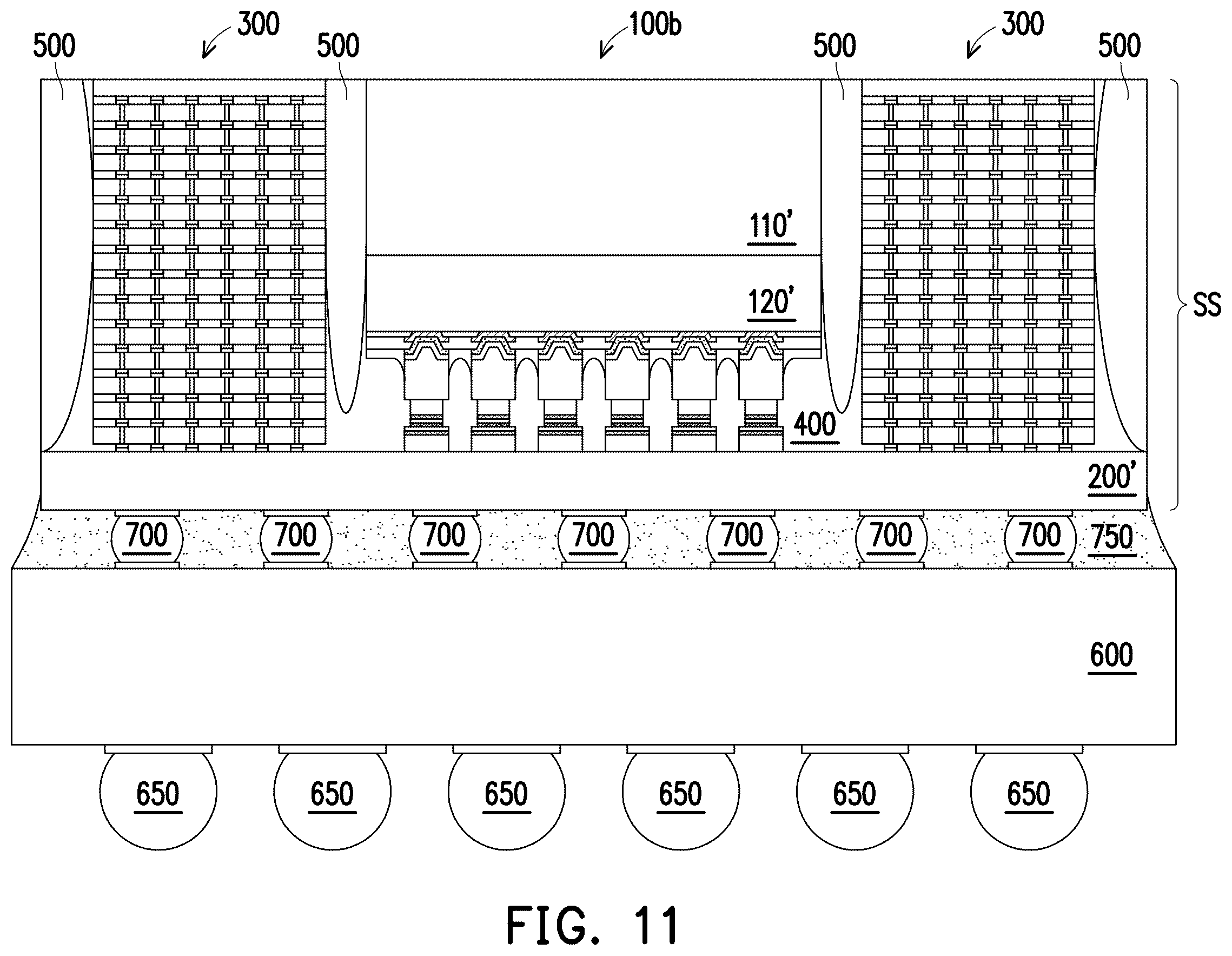 Patent US12368123 Figure 11 – Package structure including stacked pillar portions and method for fabricating the same