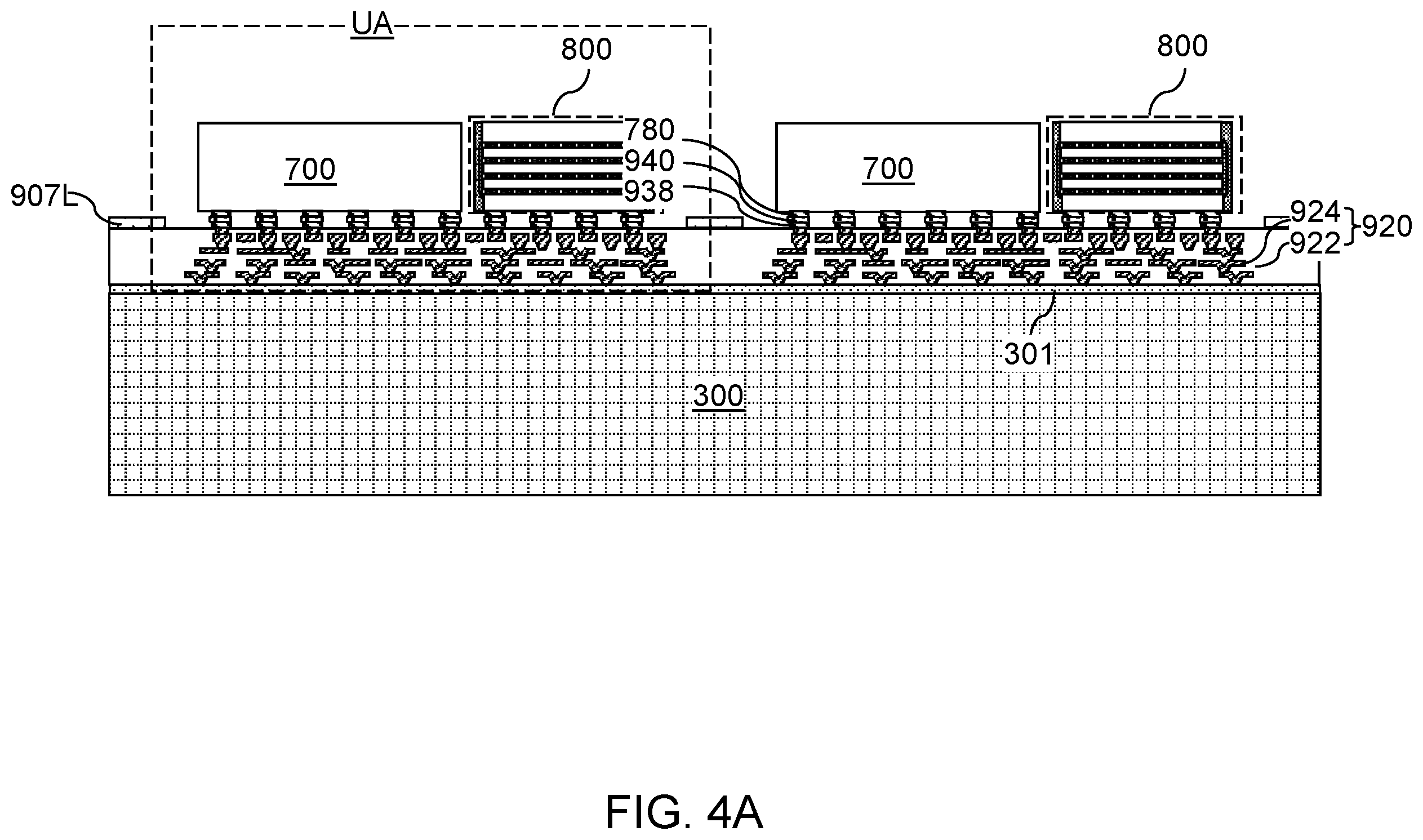 Patent US12368127 Figure 7 – Semiconductor chip package having underfill material surrounding a fan-out package and contacting a stress buffer structure sidewall