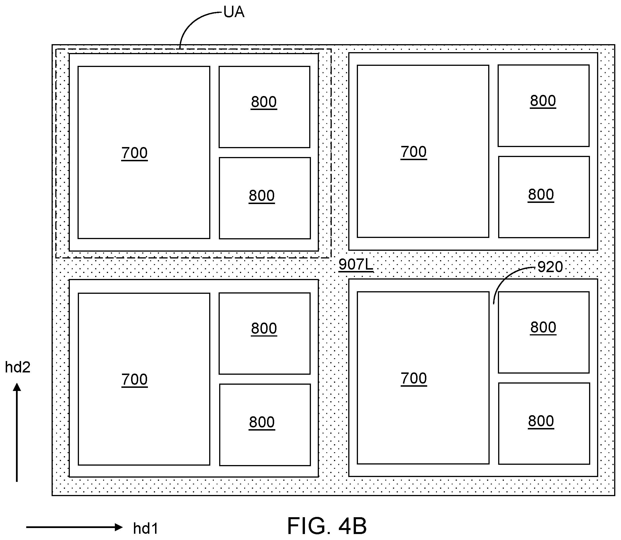 Patent US12368127 Figure 8 – Semiconductor chip package having underfill material surrounding a fan-out package and contacting a stress buffer structure sidewall