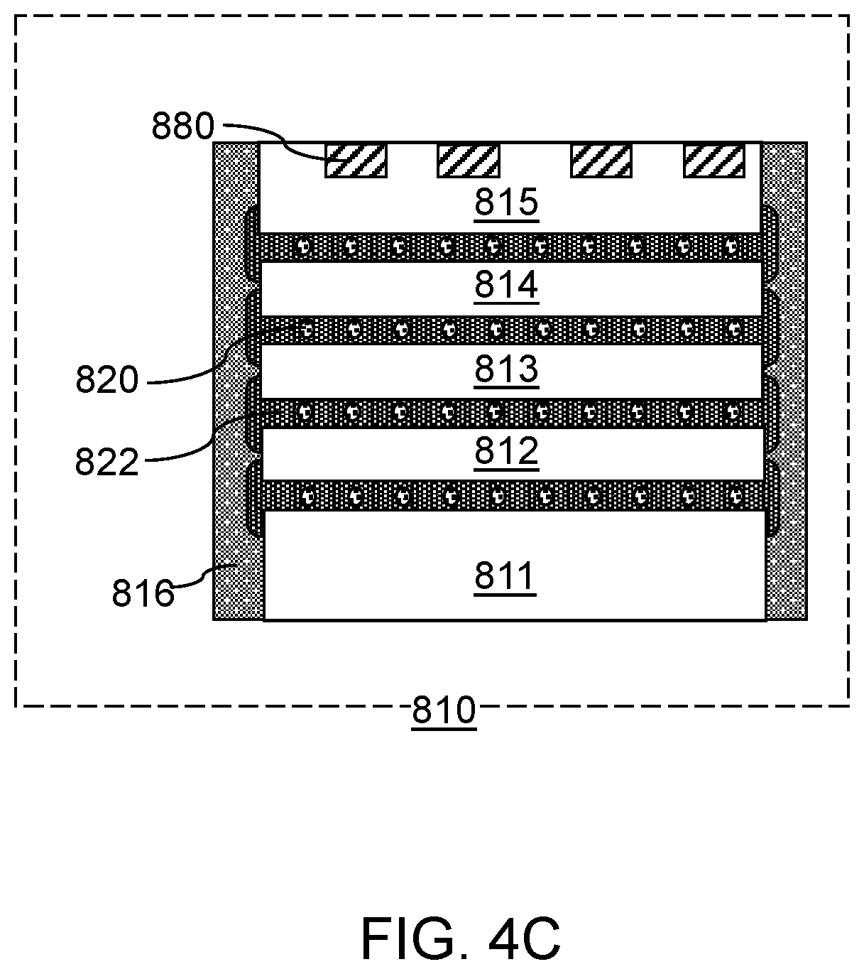Patent US12368127 Figure 9 – Semiconductor chip package having underfill material surrounding a fan-out package and contacting a stress buffer structure sidewall
