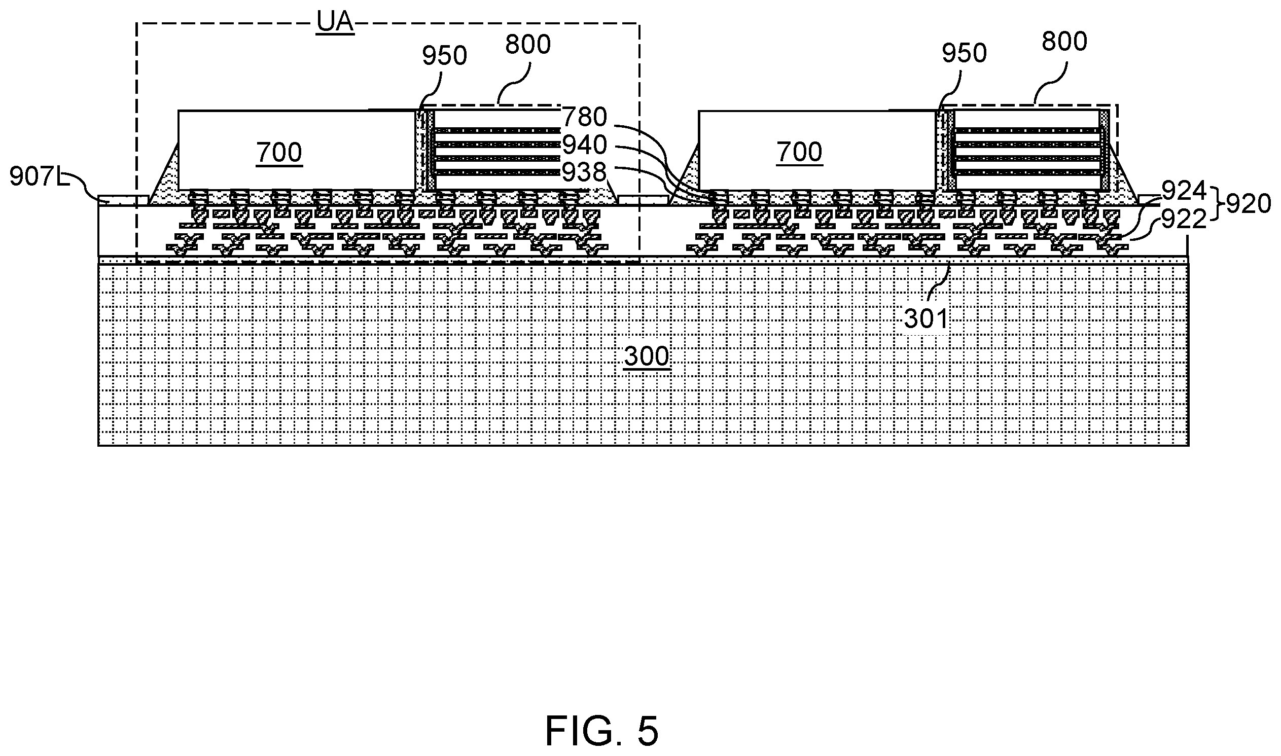 Patent US12368127 Figure 10 – Semiconductor chip package having underfill material surrounding a fan-out package and contacting a stress buffer structure sidewall