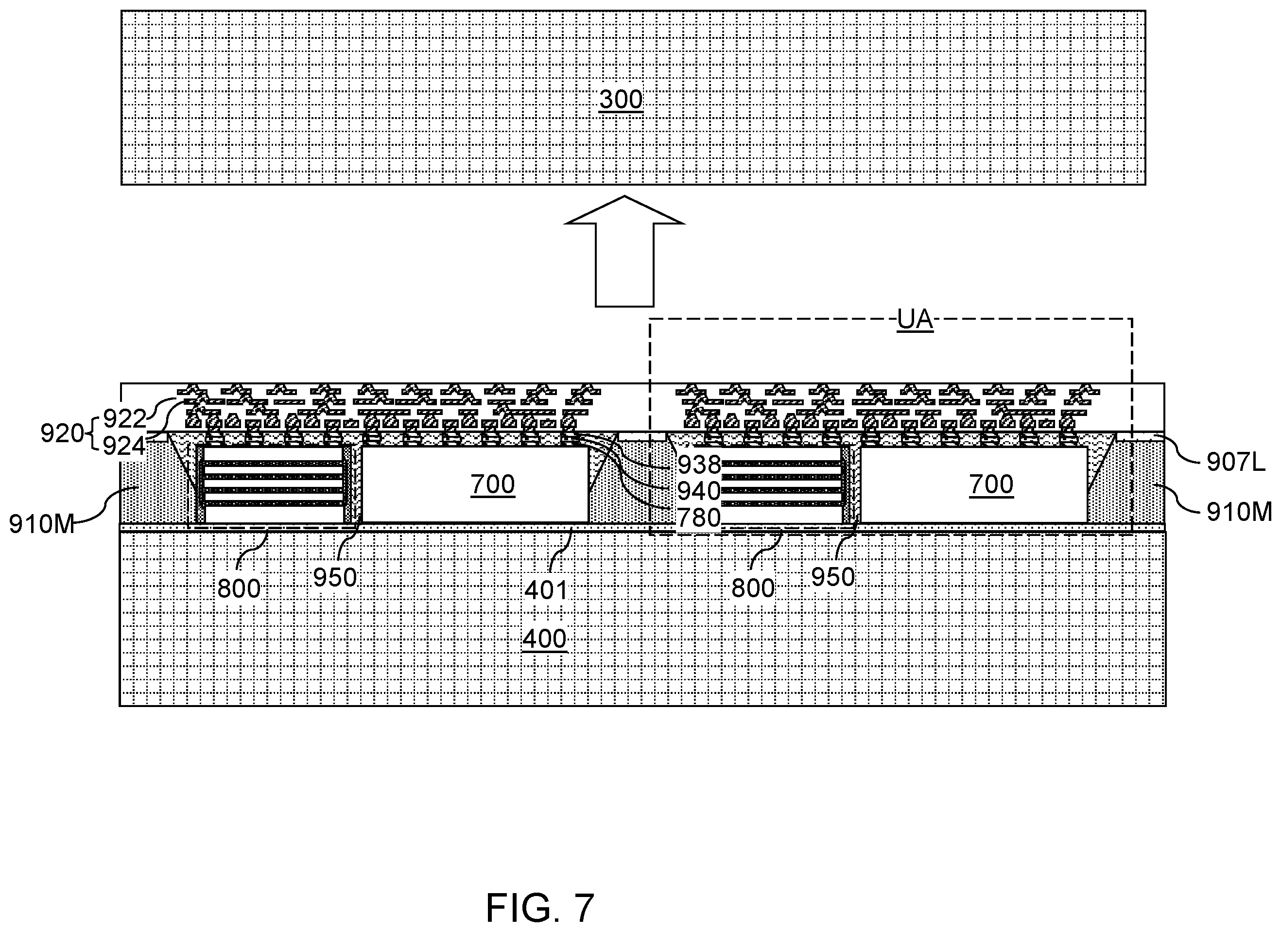 Patent US12368127 Figure 13 – Semiconductor chip package having underfill material surrounding a fan-out package and contacting a stress buffer structure sidewall