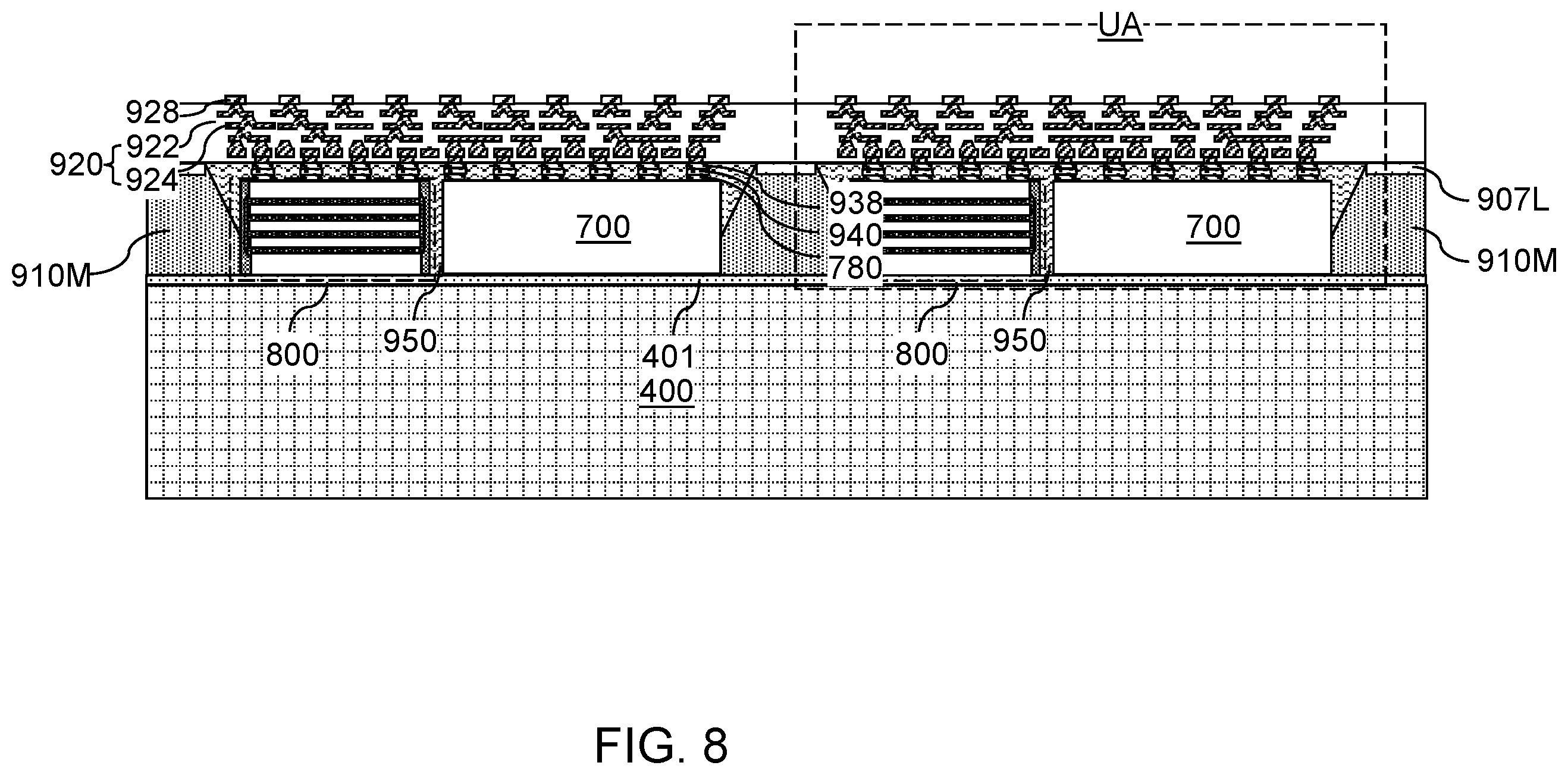 Patent US12368127 Figure 14 – Semiconductor chip package having underfill material surrounding a fan-out package and contacting a stress buffer structure sidewall