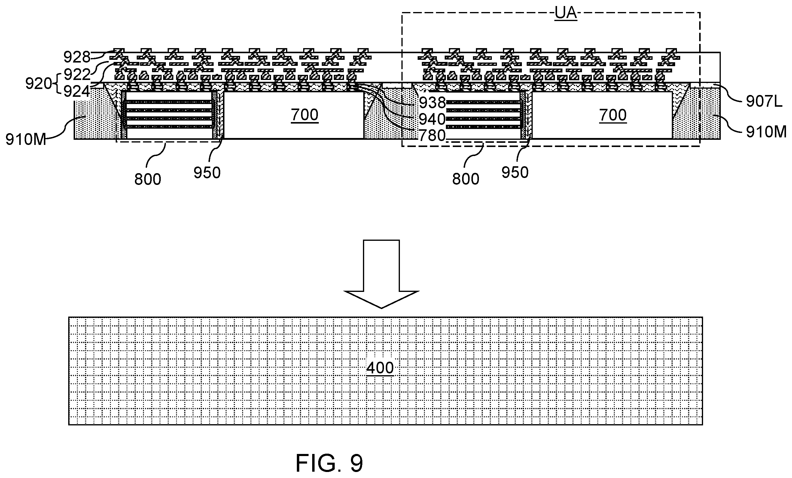 Patent US12368127 Figure 15 – Semiconductor chip package having underfill material surrounding a fan-out package and contacting a stress buffer structure sidewall