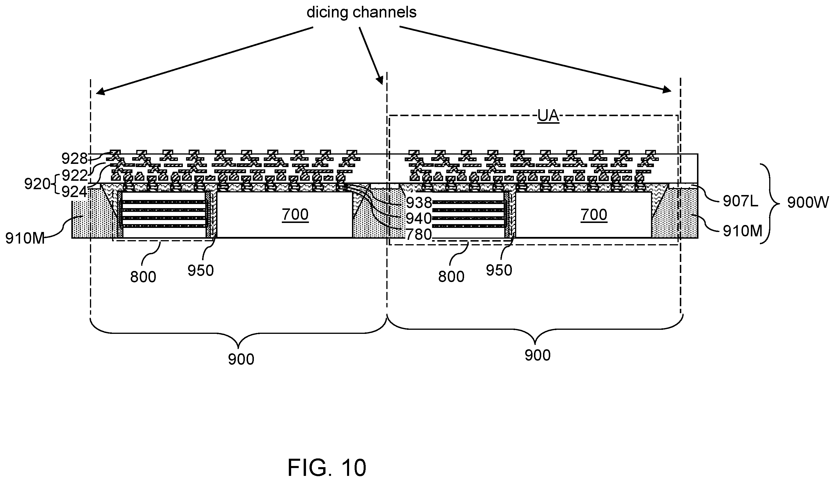 Patent US12368127 Figure 16 – Semiconductor chip package having underfill material surrounding a fan-out package and contacting a stress buffer structure sidewall