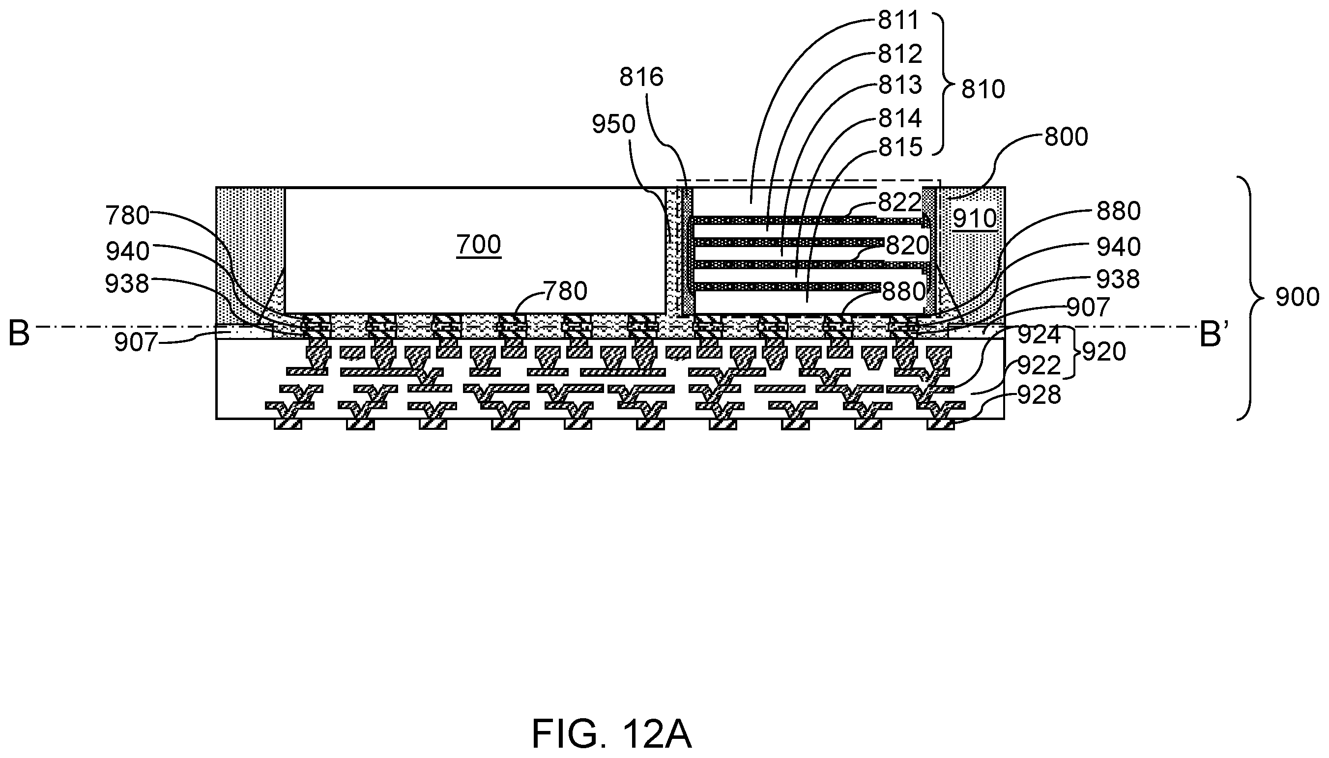 Patent US12368127 Figure 19 – Semiconductor chip package having underfill material surrounding a fan-out package and contacting a stress buffer structure sidewall
