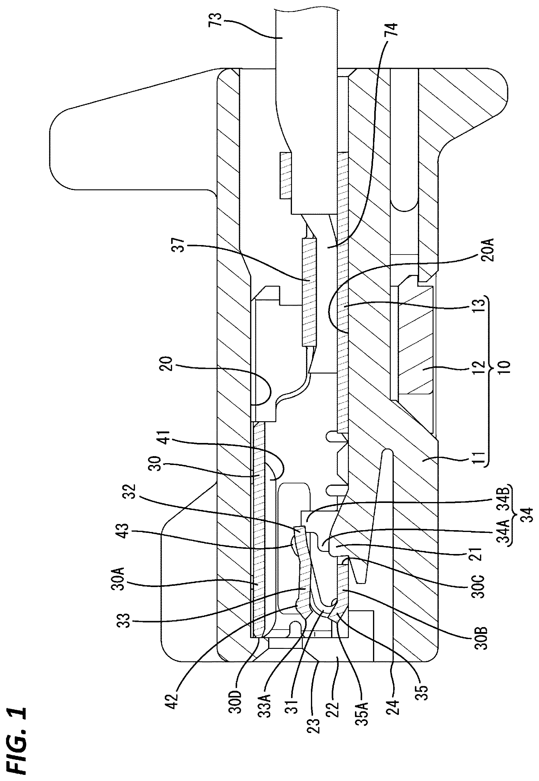 Patent US12368257 Figure 1 – Terminal fitting and connector with deformation-suppressible elastic contact portion