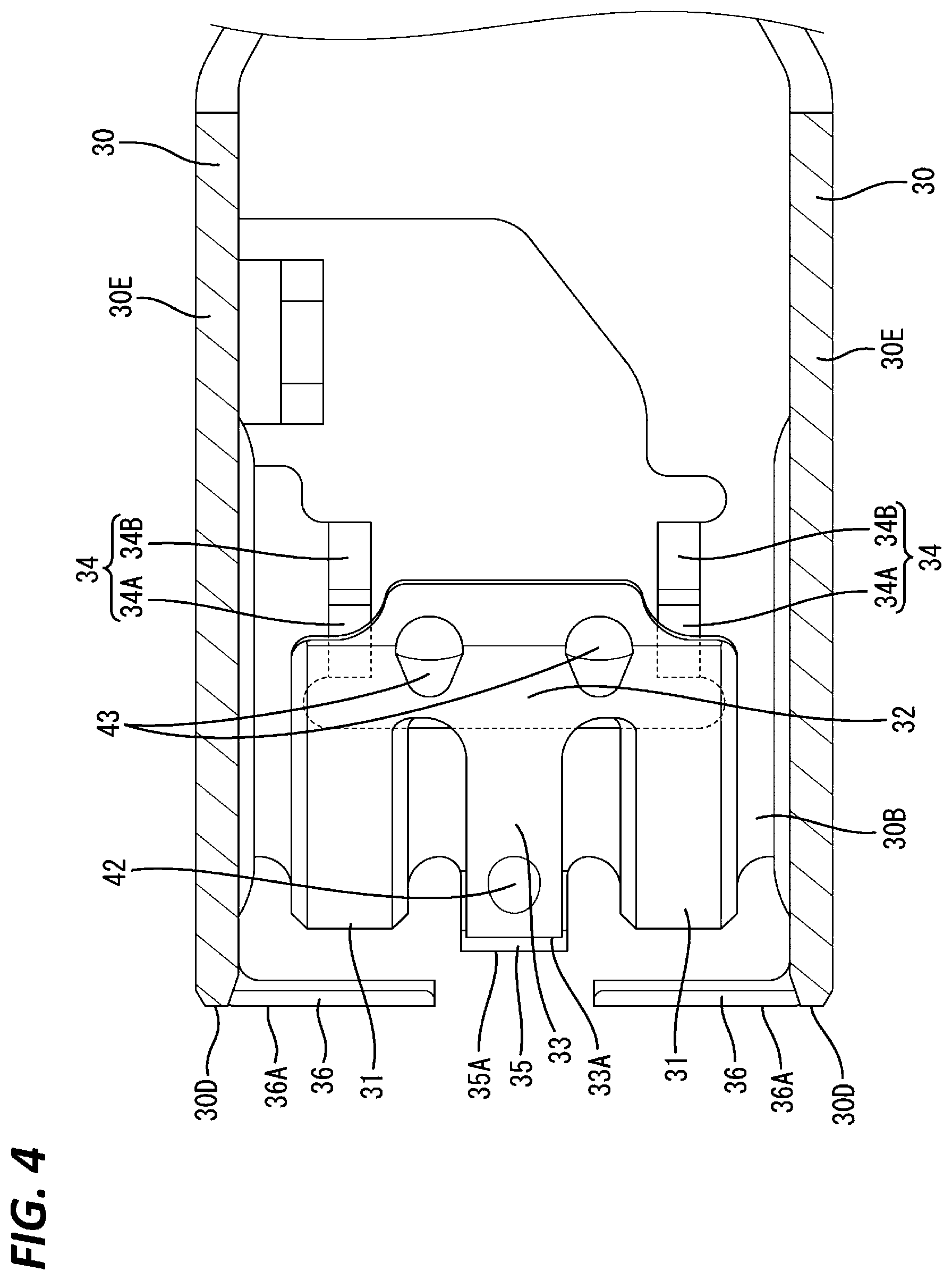 Patent US12368257 Figure 4 – Terminal fitting and connector with deformation-suppressible elastic contact portion
