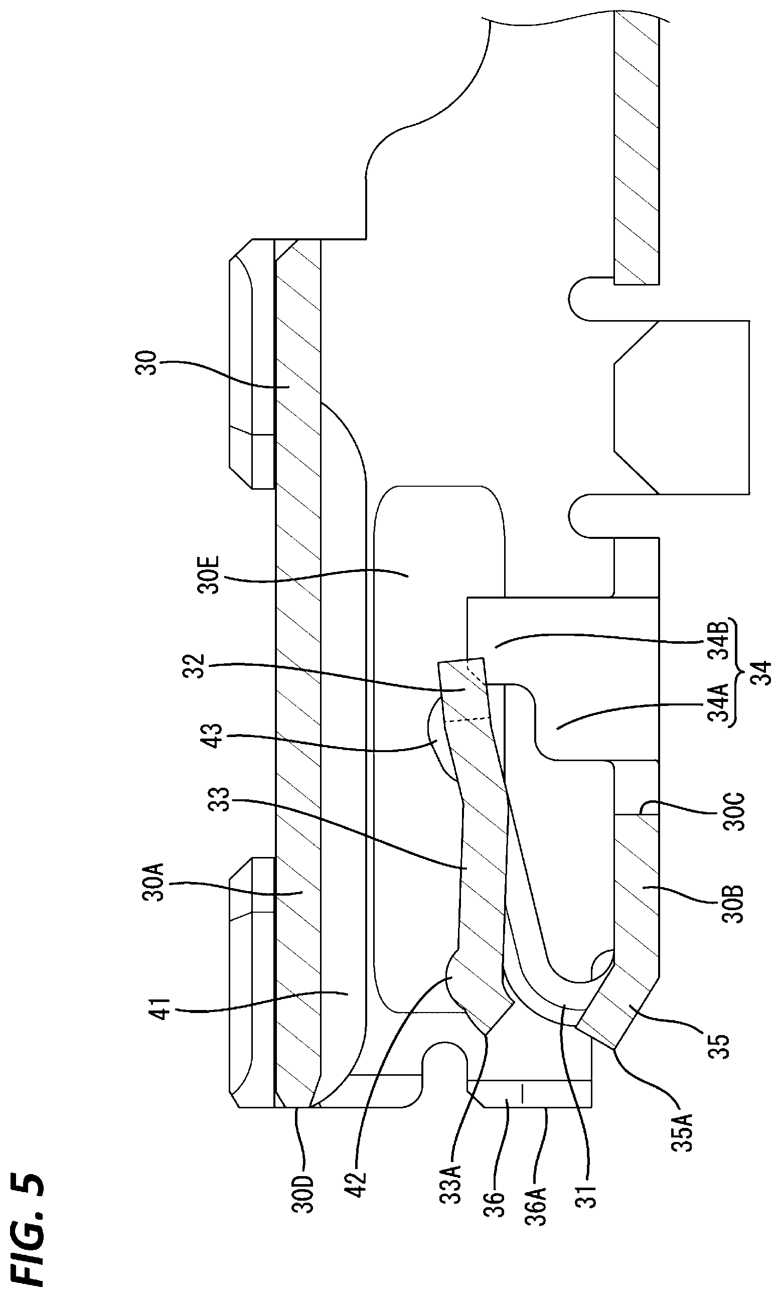 Patent US12368257 Figure 5 – Terminal fitting and connector with deformation-suppressible elastic contact portion