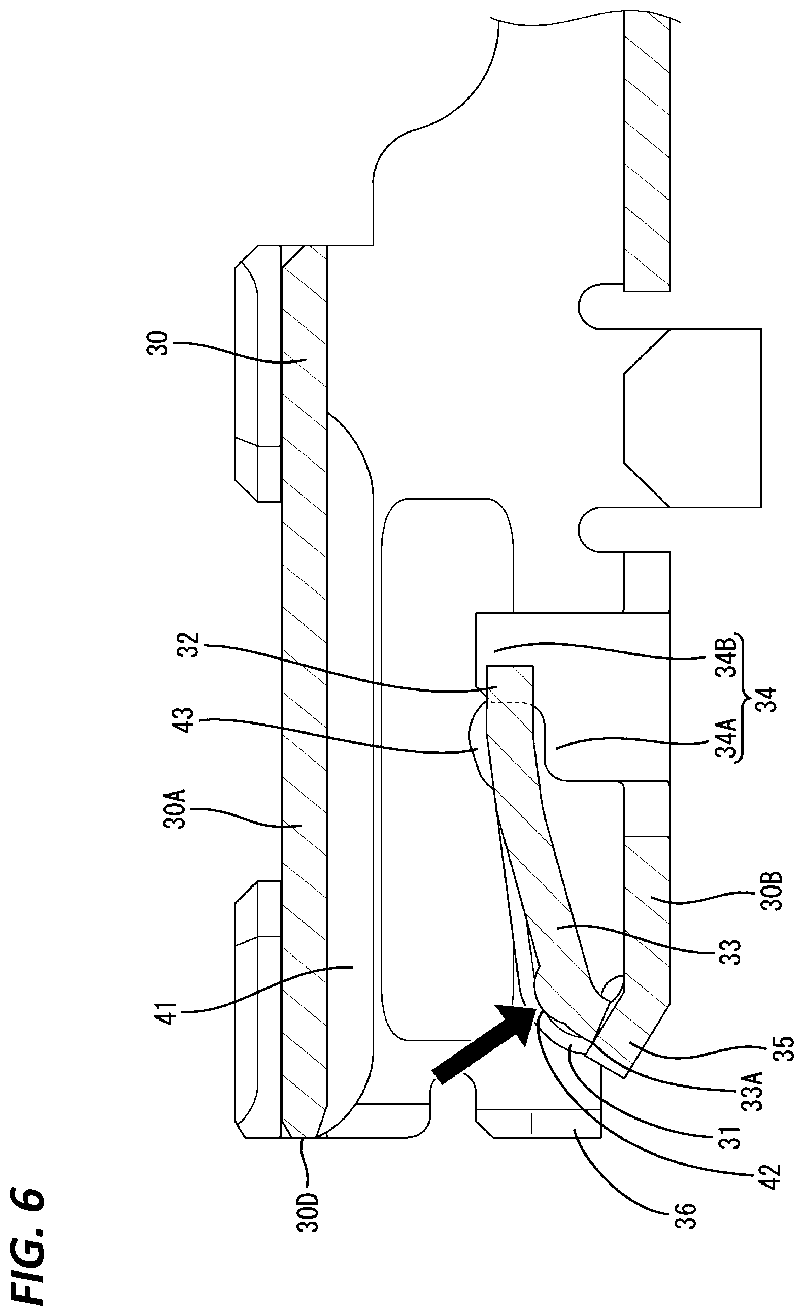 Patent US12368257 Figure 6 – Terminal fitting and connector with deformation-suppressible elastic contact portion