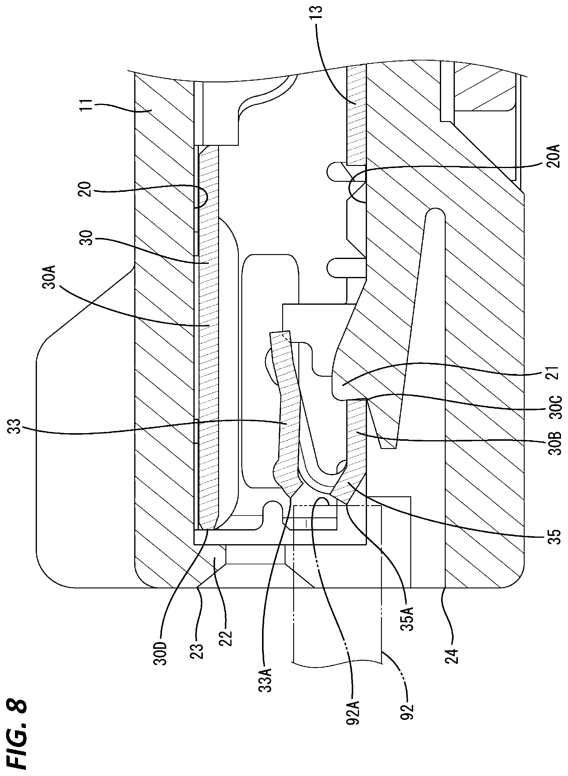 Patent US12368257 Figure 8 – Terminal fitting and connector with deformation-suppressible elastic contact portion