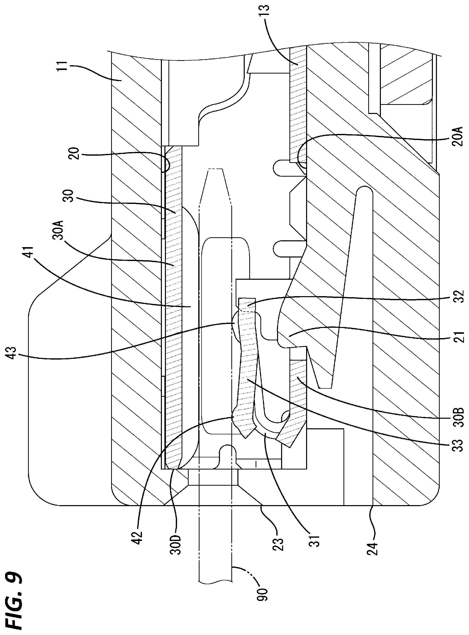 Patent US12368257 Figure 9 – Terminal fitting and connector with deformation-suppressible elastic contact portion