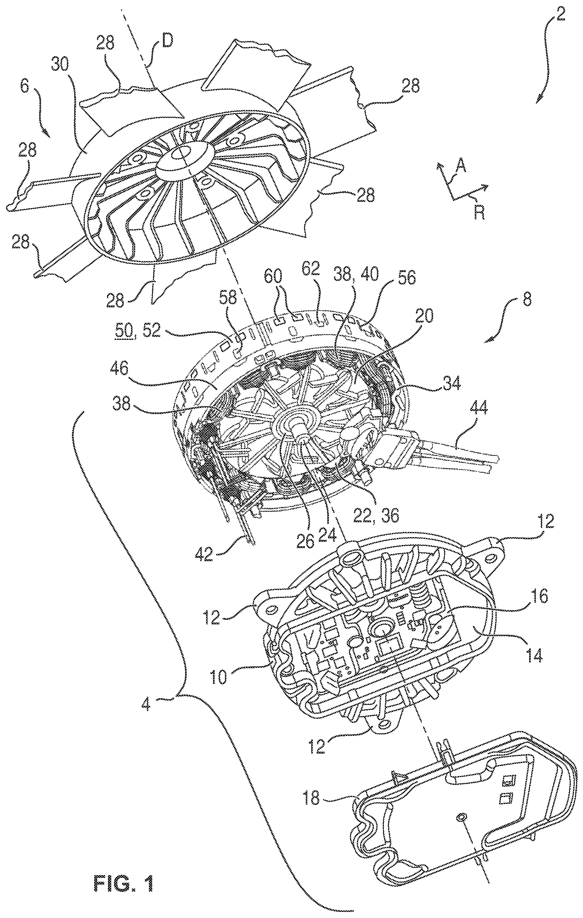 Patent US12368350 Figure 1 – Electric-motor drive for a motor vehicle and radiator fan with an electrically conductive cover for shielding electromagnetic interference