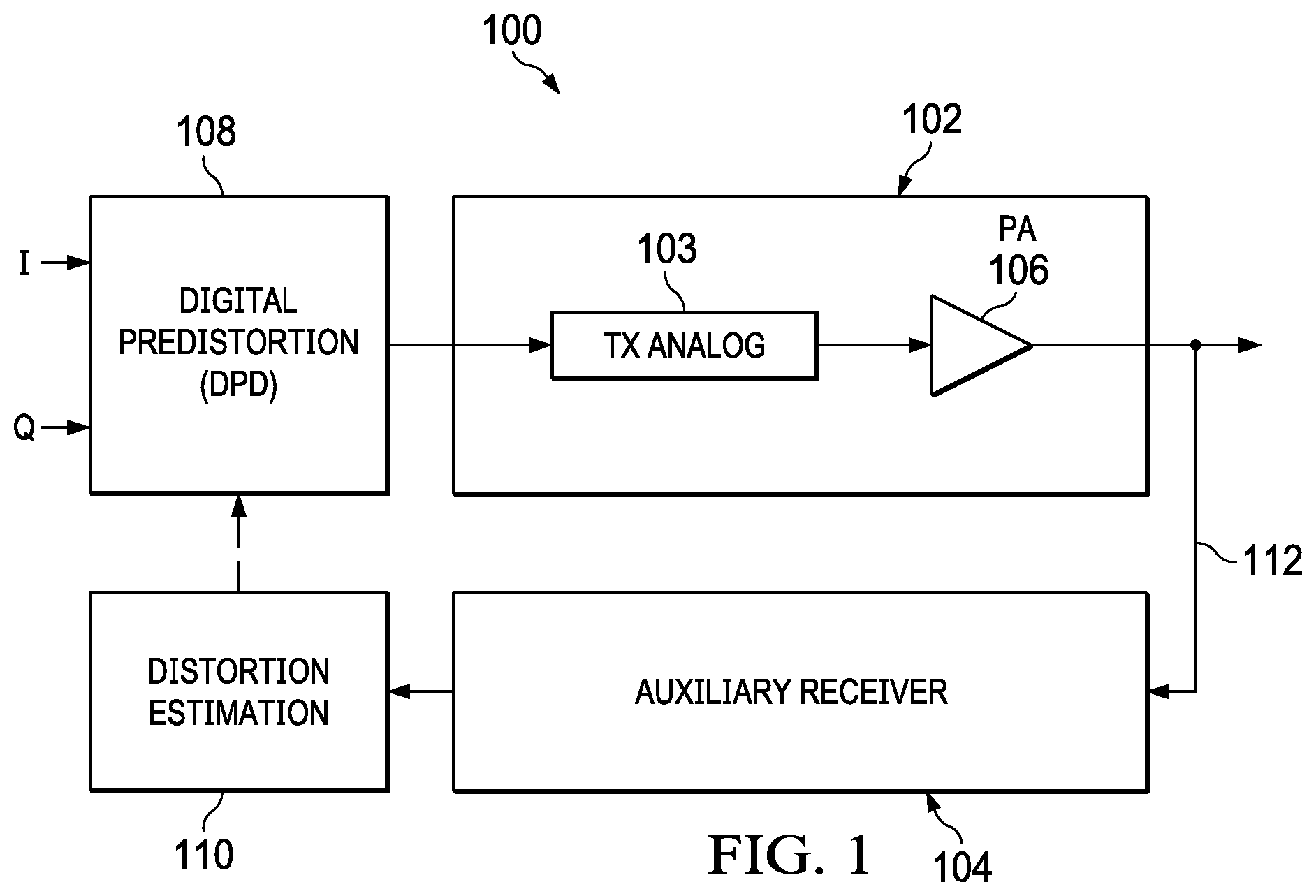 Patent US12368414 Figure 1 – Digital predistortion calibration