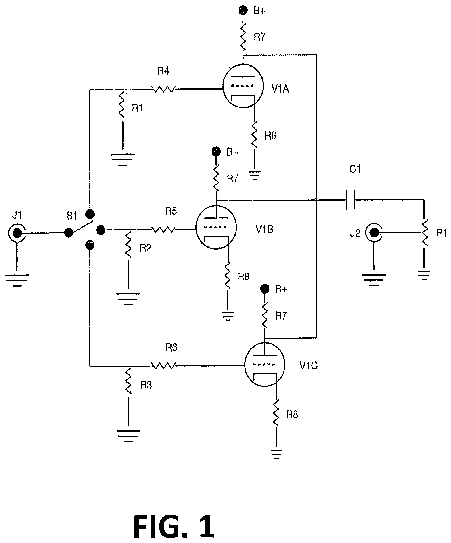 Patent US12368416 Figure 1 – Audio amplifier with switchable active components