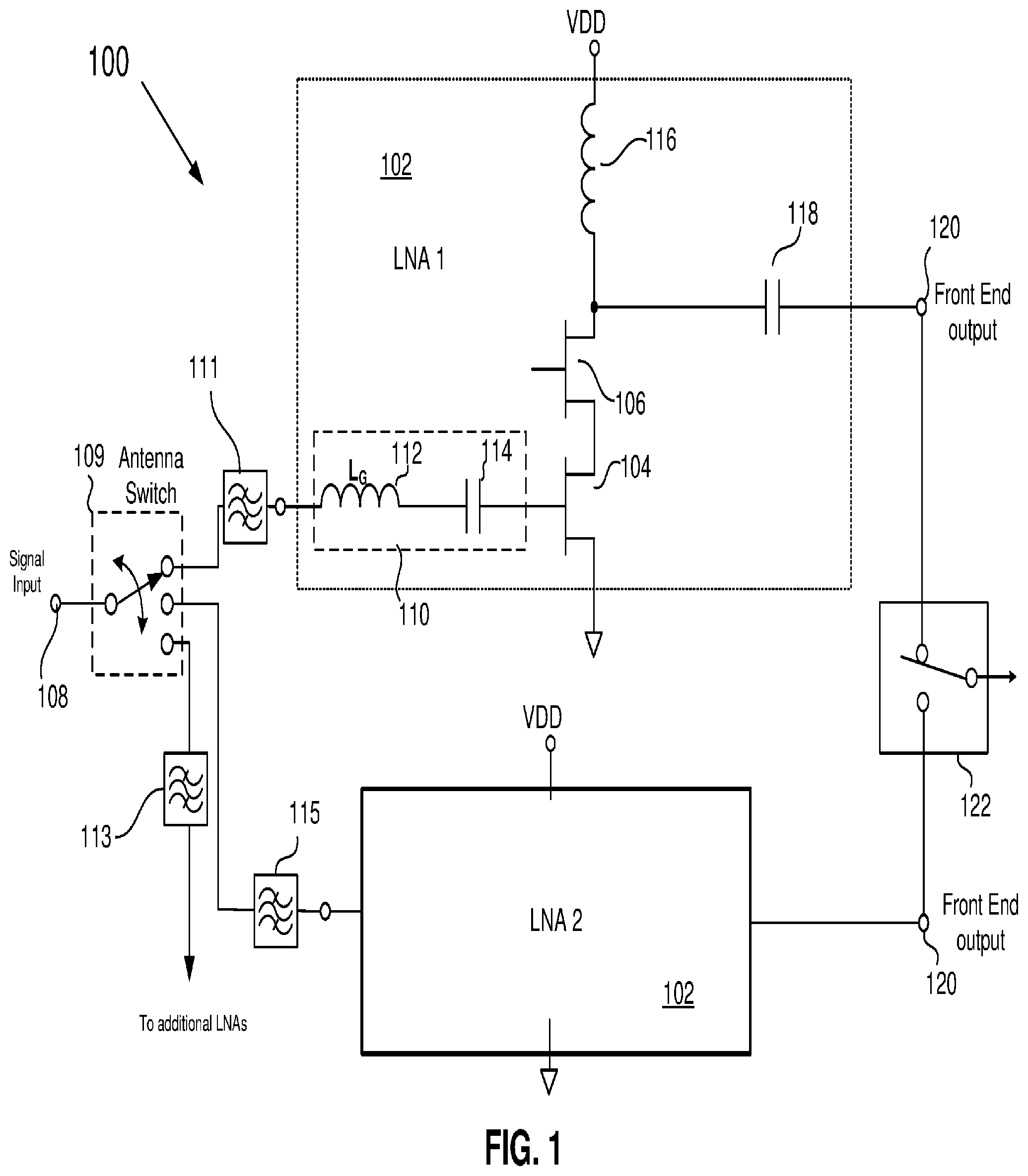Patent US12368417 Figure 1 – Programmable optimized band switching LNA