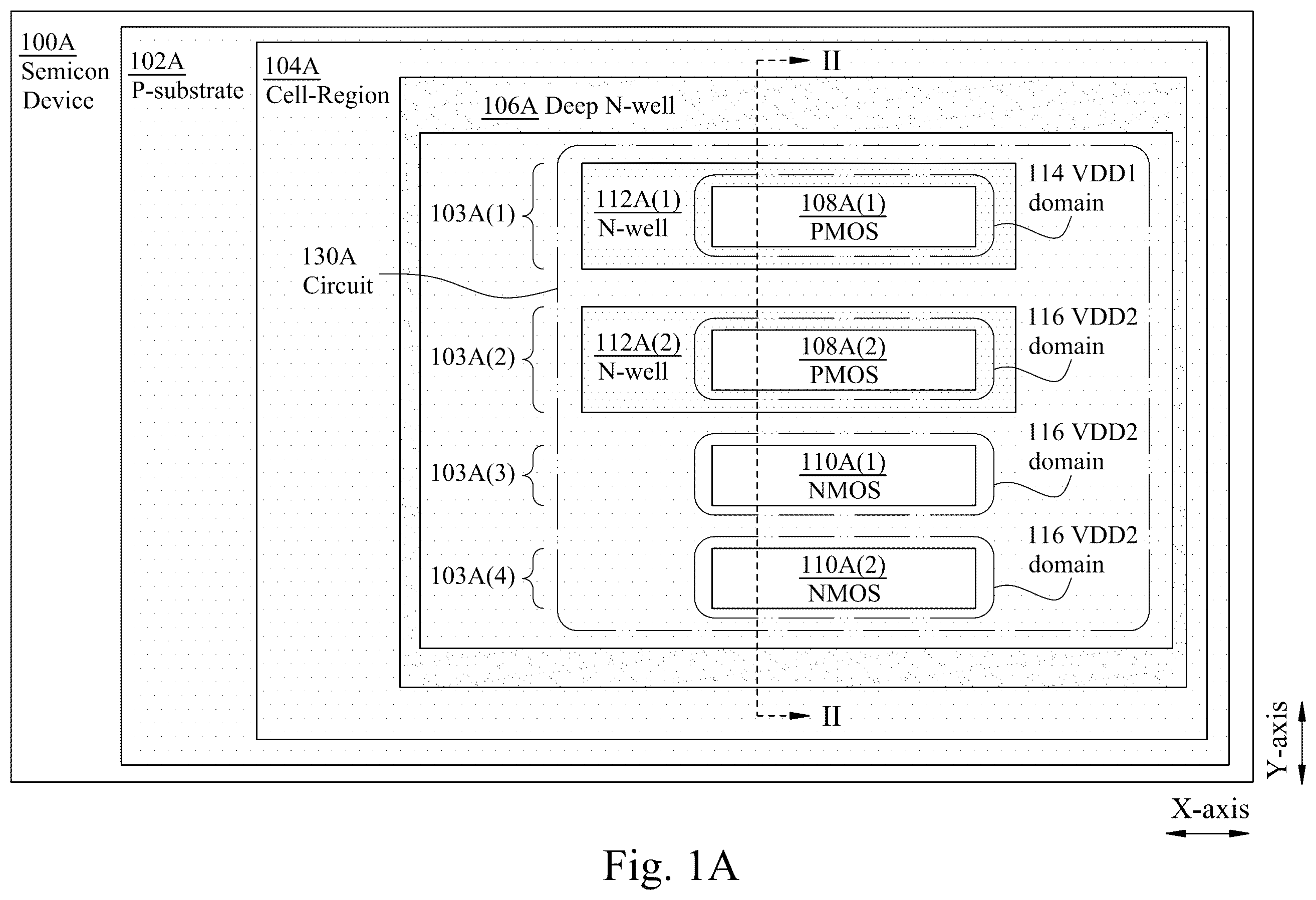 Patent US12368436 Figure 1 – Semiconductor device with common deep N-well for different voltage domains and method of forming same