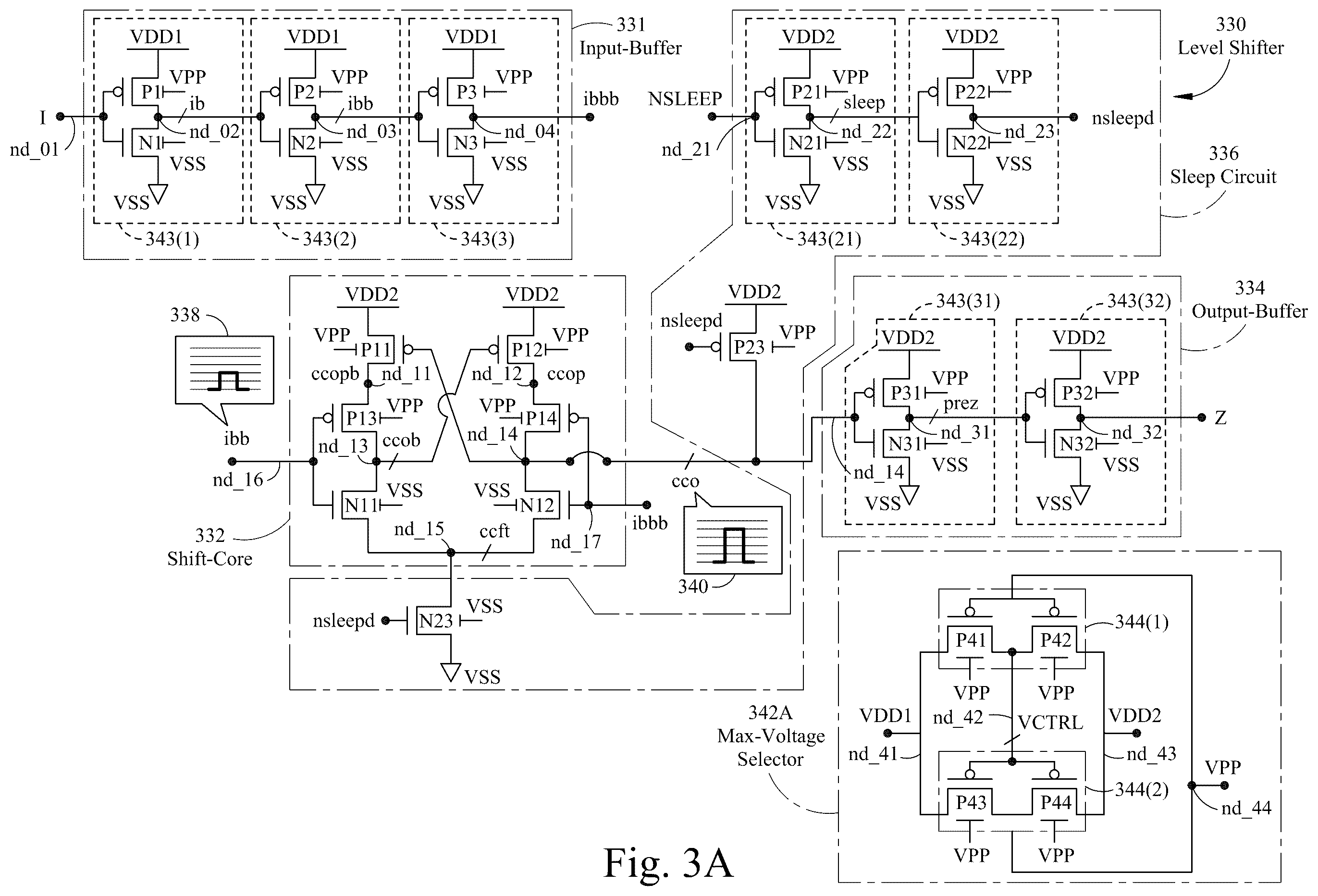 Patent US12368436 Figure 4 – Semiconductor device with common deep N-well for different voltage domains and method of forming same