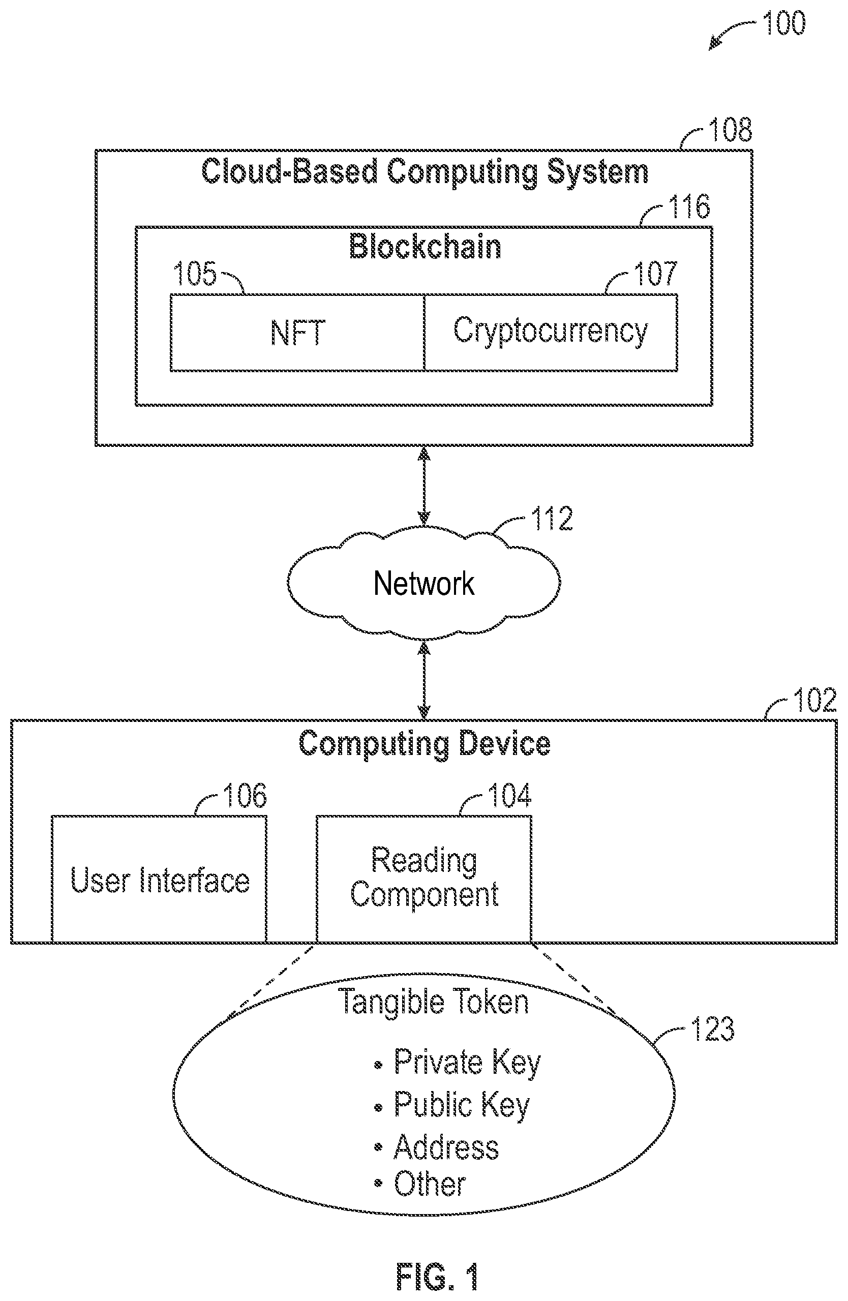 Patent US12368585 — System and method for internal etching of transparent materials with information pertaining to a blockchain — Figure 1