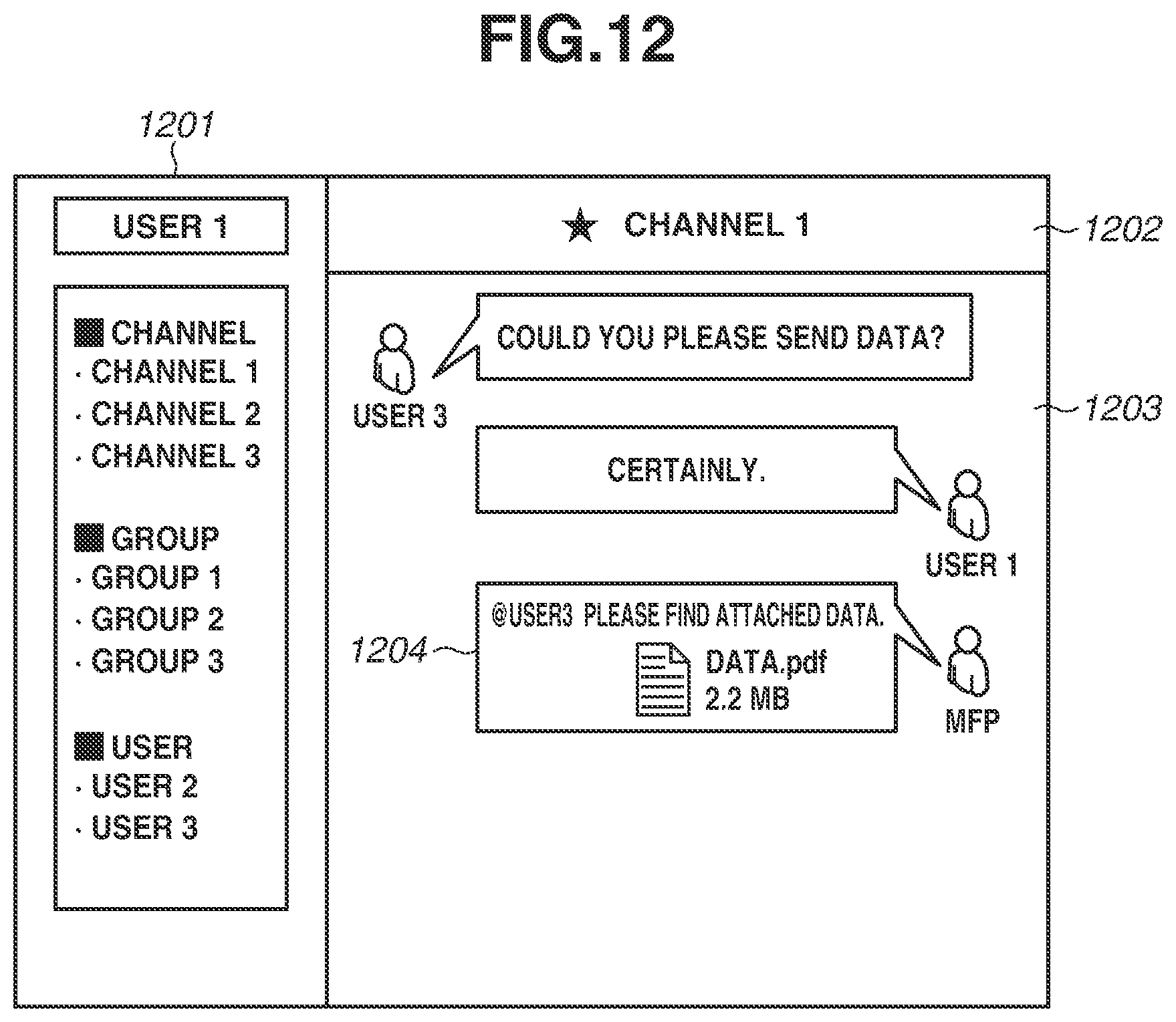 Patent US12368807 Figure 12 – Image processing apparatus for setting a notification destination user when an image is shared by a chat service