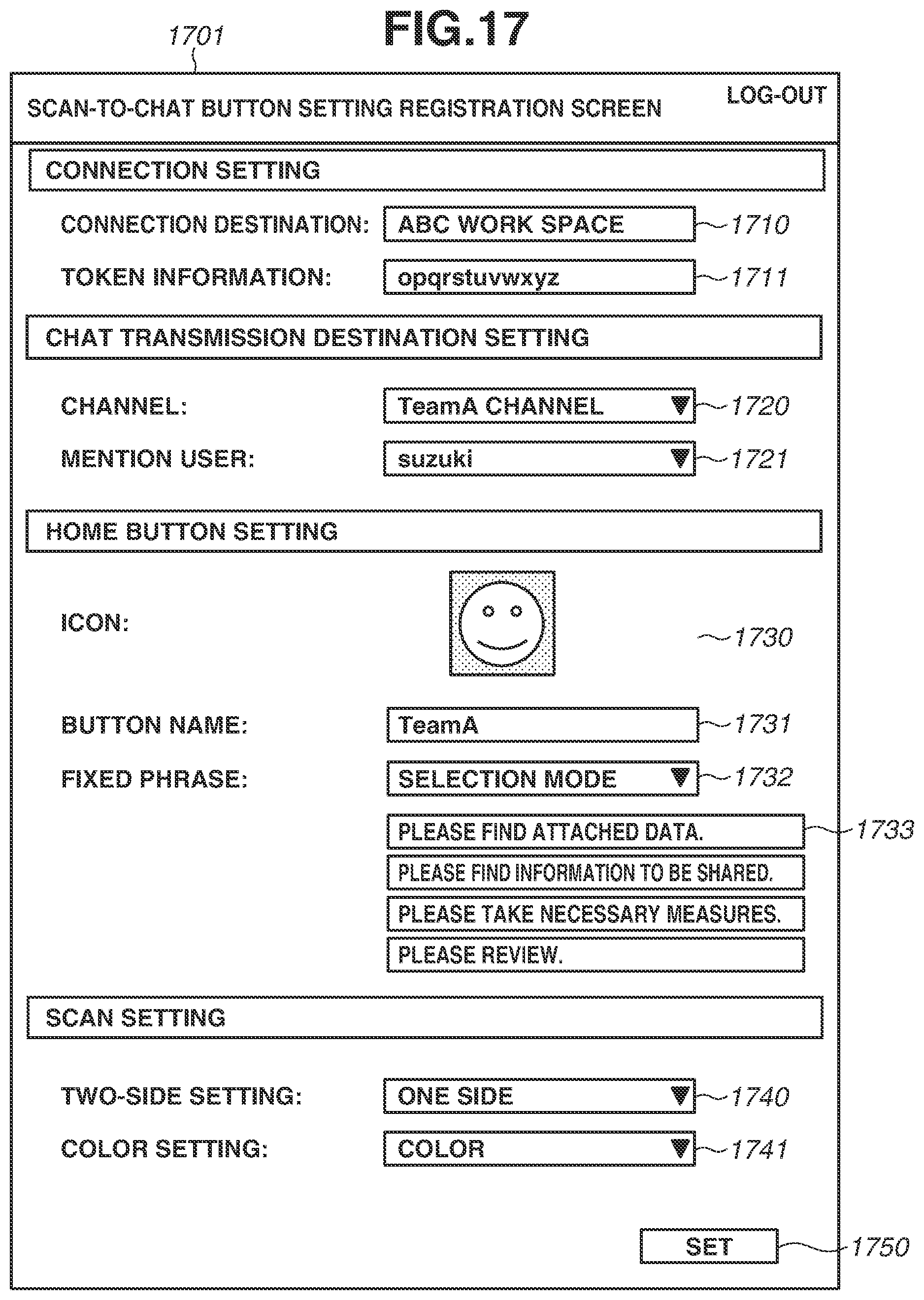 Patent US12368807 Figure 18 – Image processing apparatus for setting a notification destination user when an image is shared by a chat service