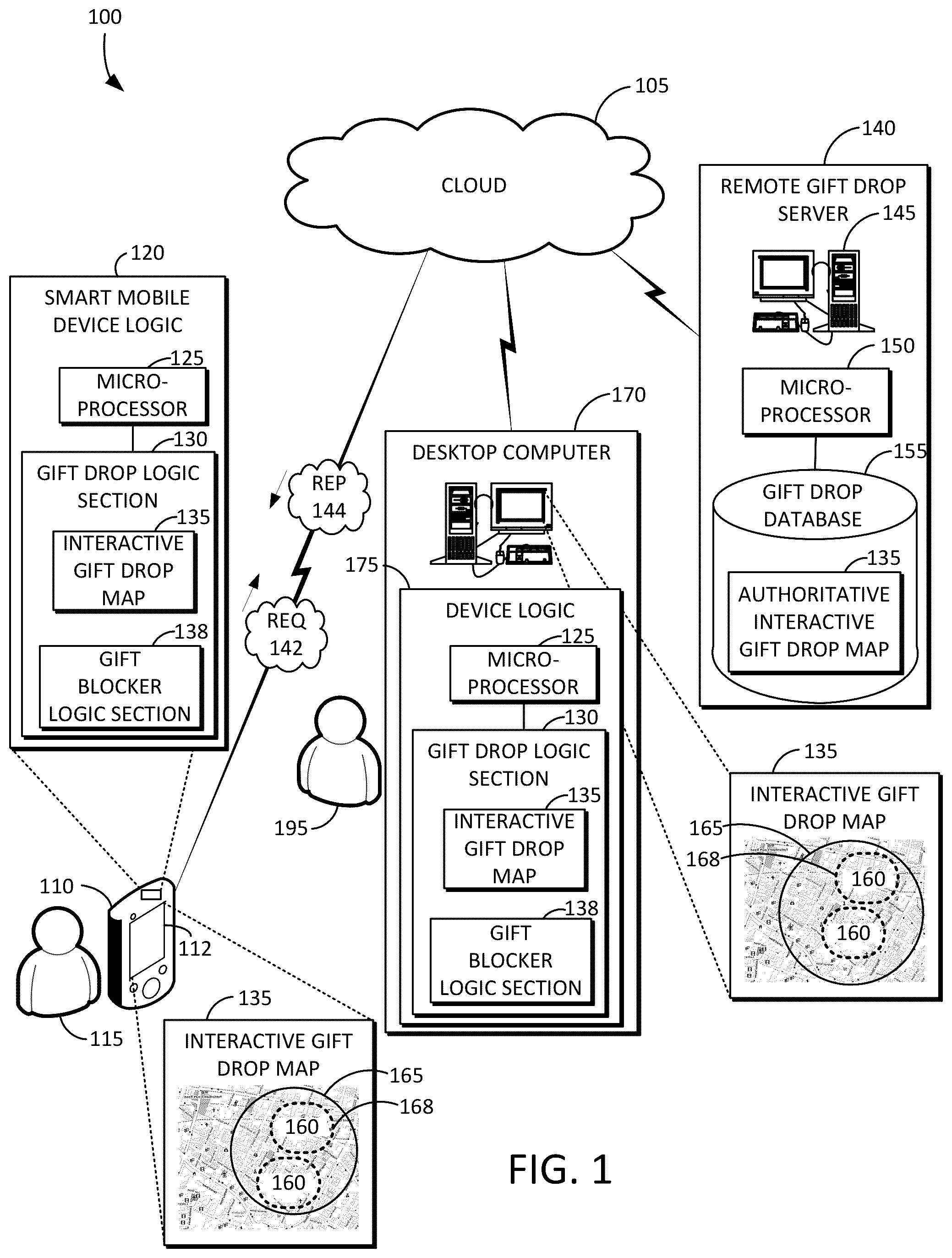 Patent US12368912 — System and method for geographically associated or geographically disassociated enticing gift or video drop — Figure 1