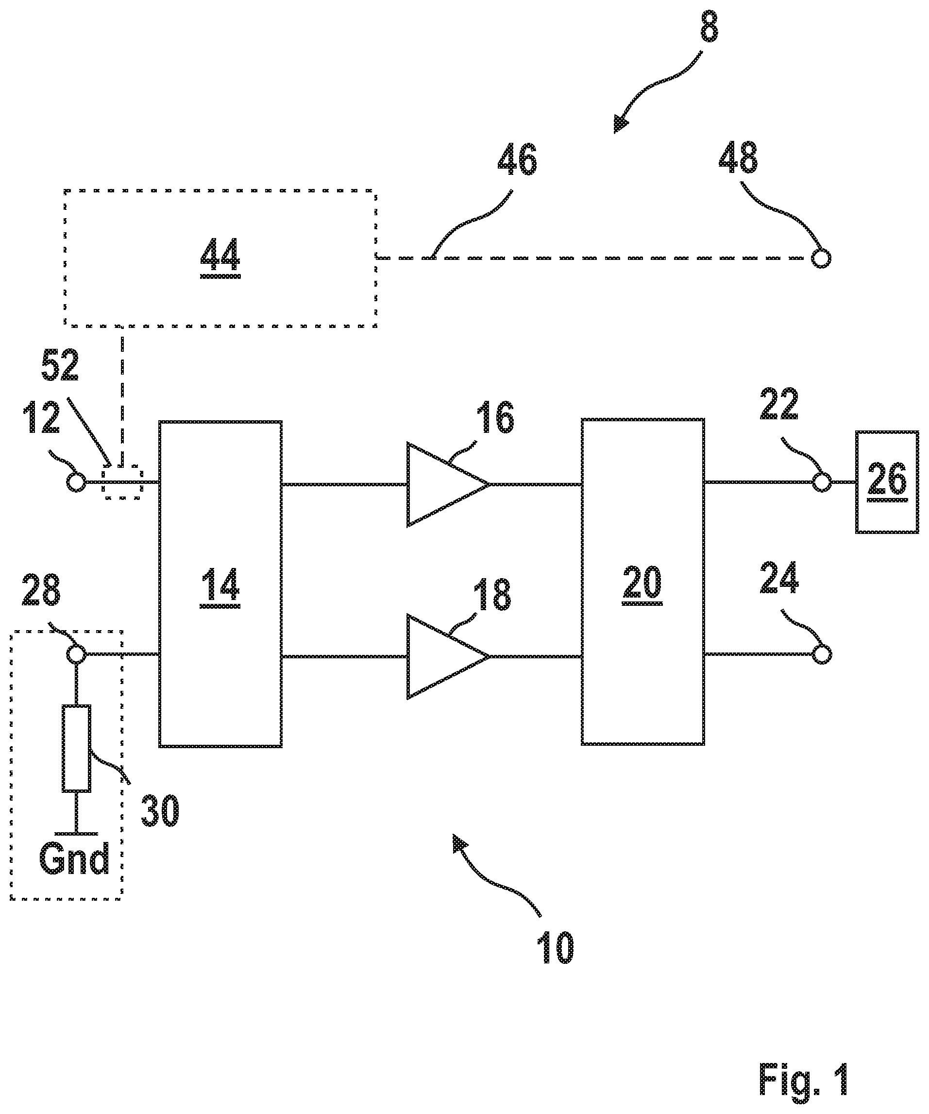Patent US12375042 Figure 1 – Device and method for switching a frequency range of a high frequency amplifier