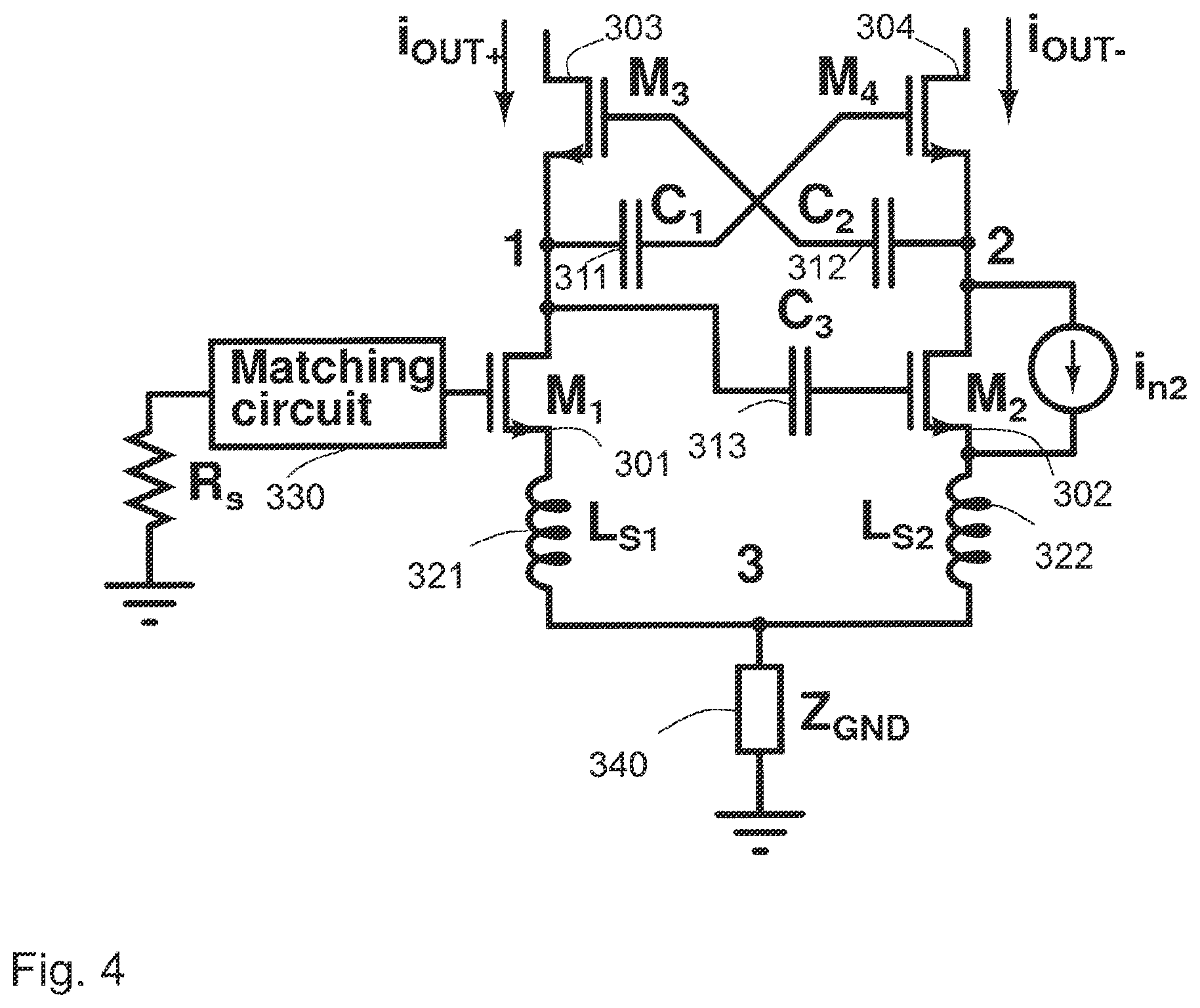 Patent US12375044 Figure 4 – Low noise amplifier circuit