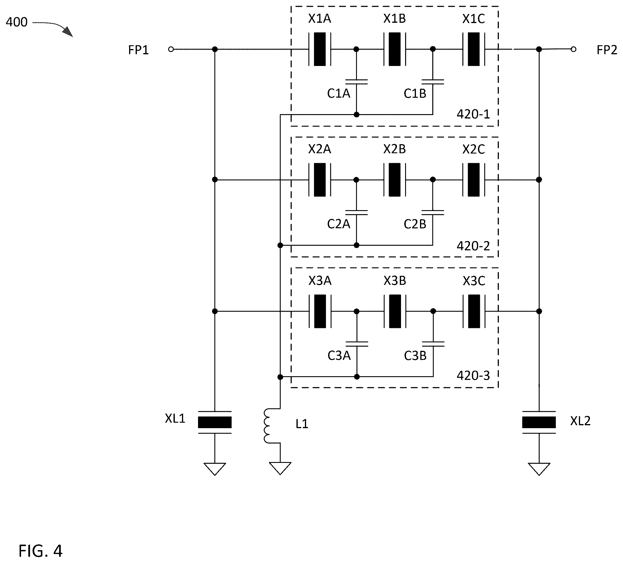 Patent US12375061 Figure 4 – Transversely-excited film bulk acoustic resonator matrix filters
