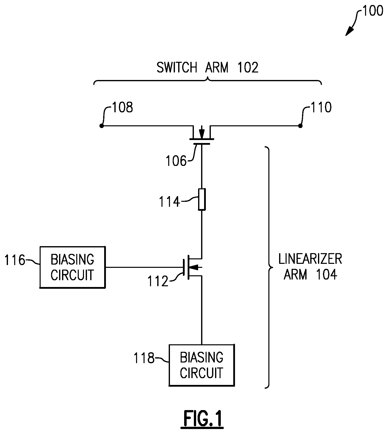 Patent US12375078 Figure 1 – Switch with gate or body connected linearizer