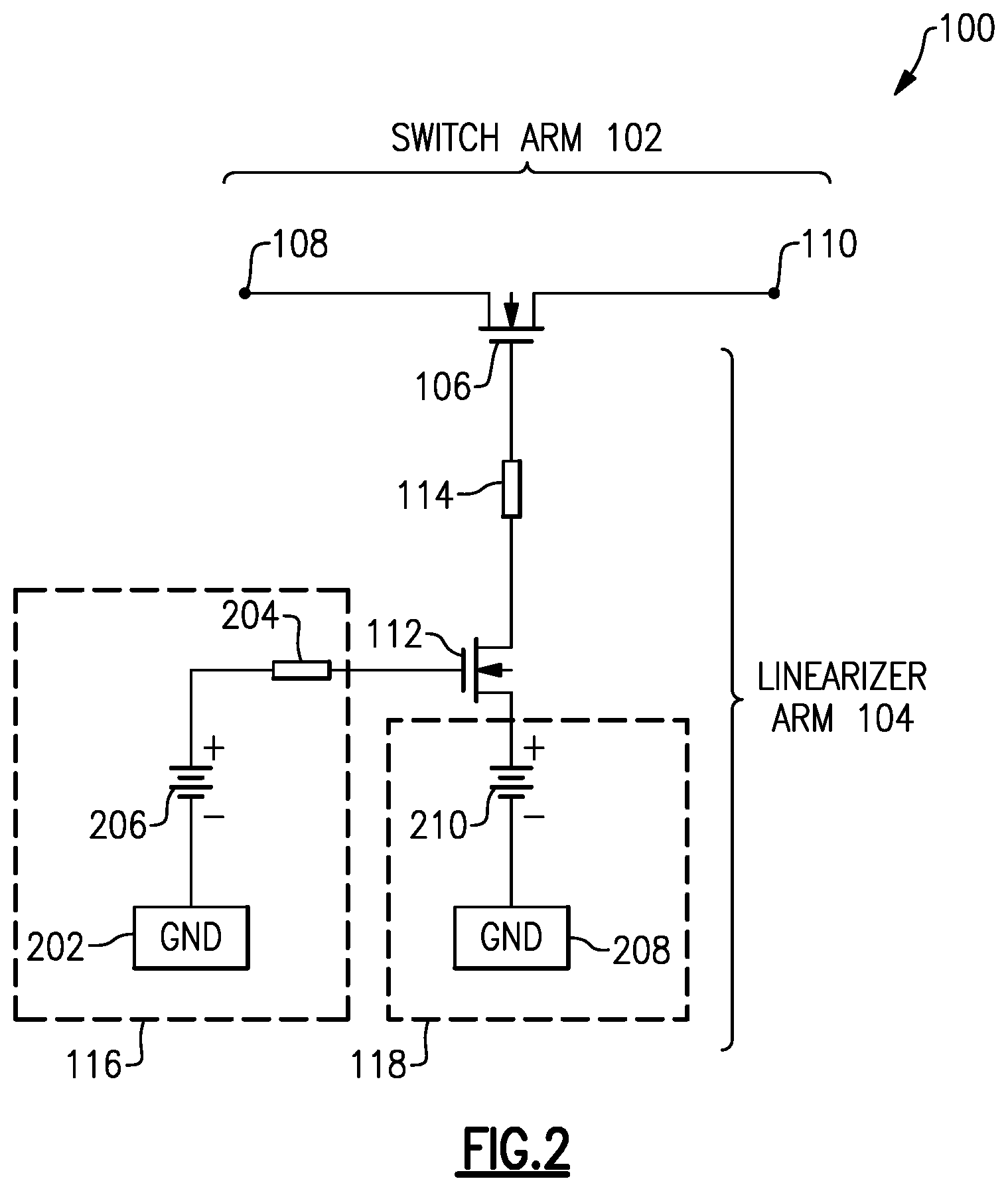 Patent US12375078 Figure 2 – Switch with gate or body connected linearizer