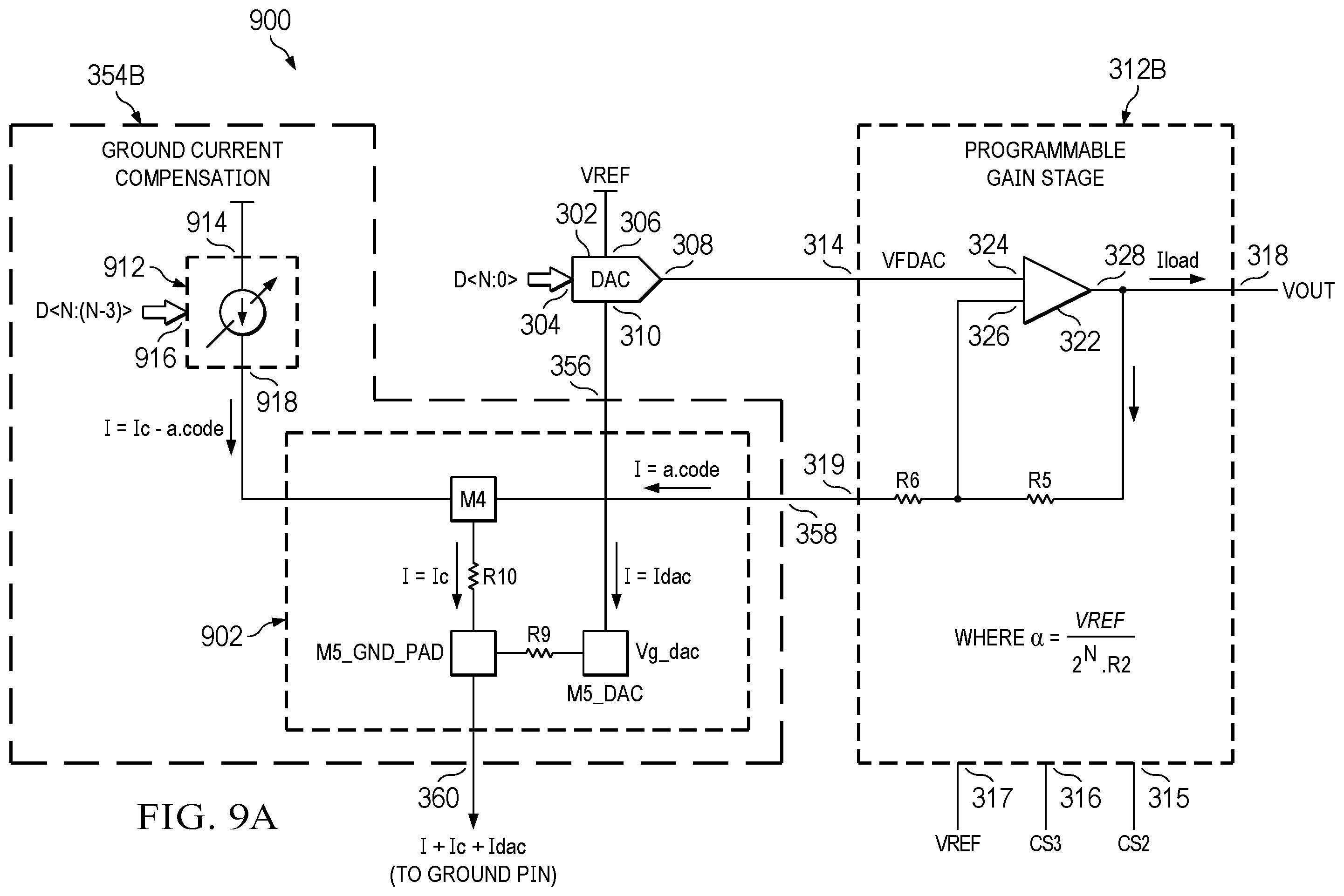 Patent US12375095 Figure 9 – Digital-to-analog converter circuit with linear programmable gain stage